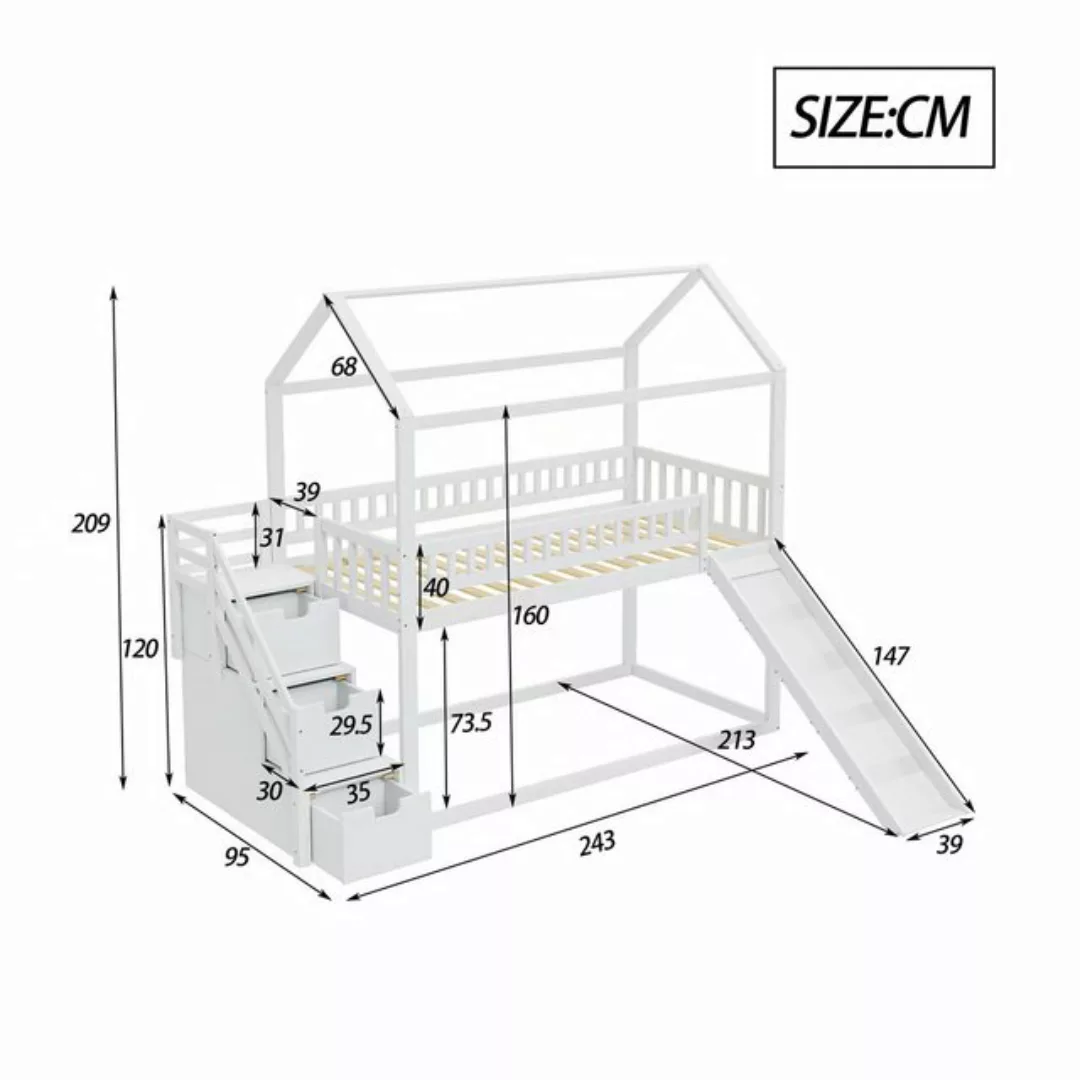 HAUSS SPLOE Etagenbett 90x200 cm mit Rutsche und Stauraumleiter, hohe Zaunk günstig online kaufen