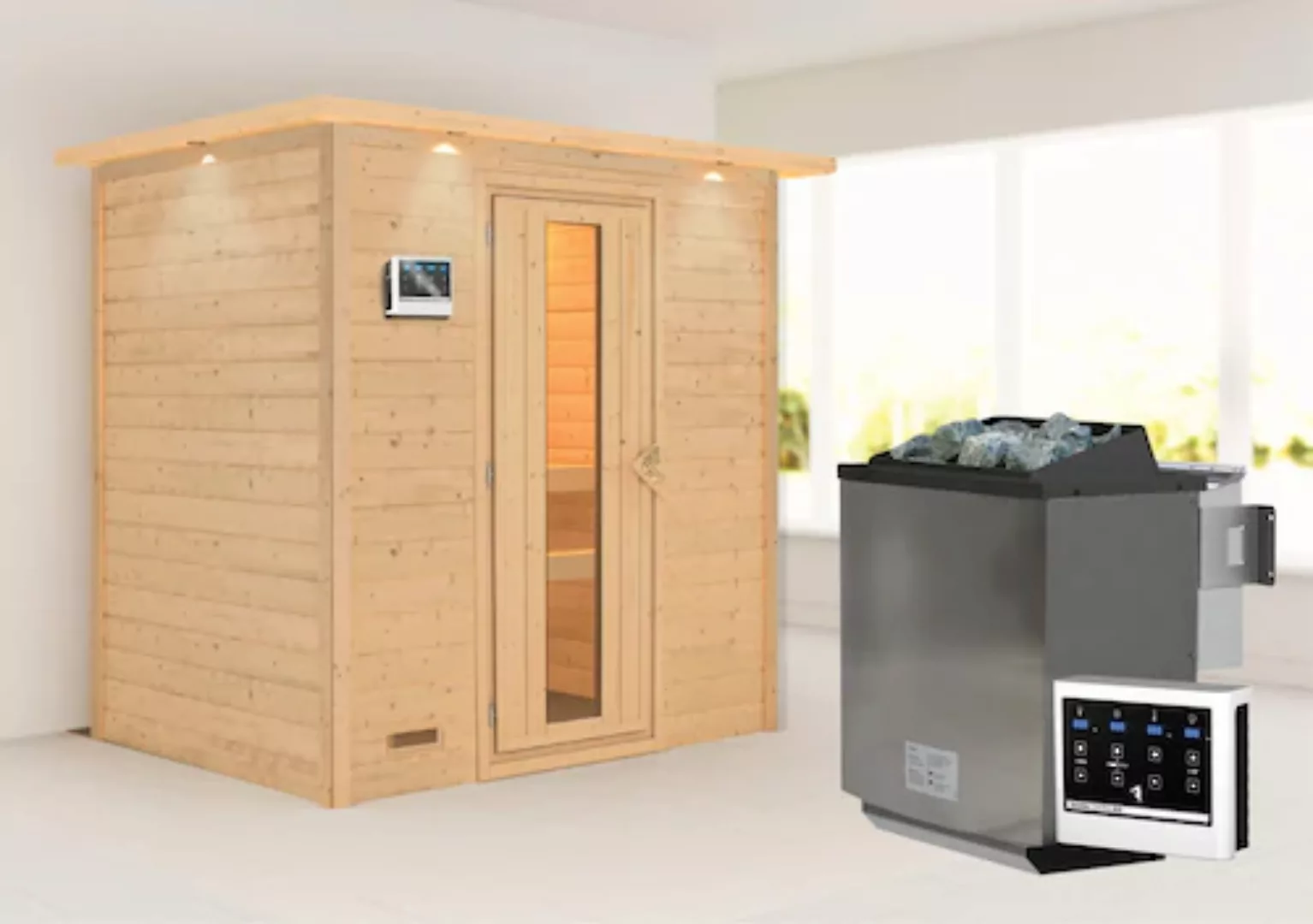 Karibu Sauna »"Sonja" mit Energiespartür und Kranz Ofen 9 kW Bio externe St günstig online kaufen