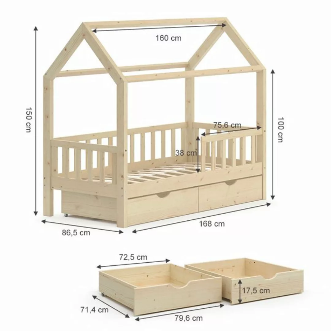VitaliSpa® Hausbett Kinderbett Spielbett Wiki 80x160 Natur Matratze 2 Schub günstig online kaufen