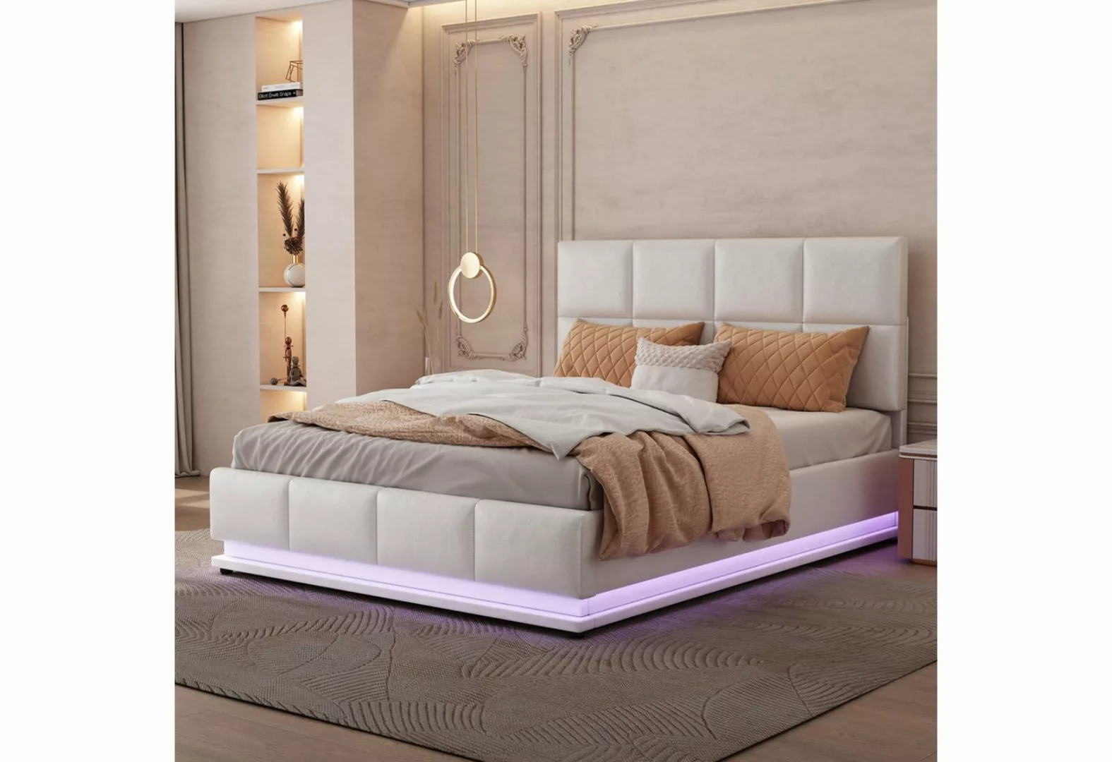 HT Polsterbett Doppelbett mit LED Beleuchtung, Metalllattenrost Bettkasten günstig online kaufen
