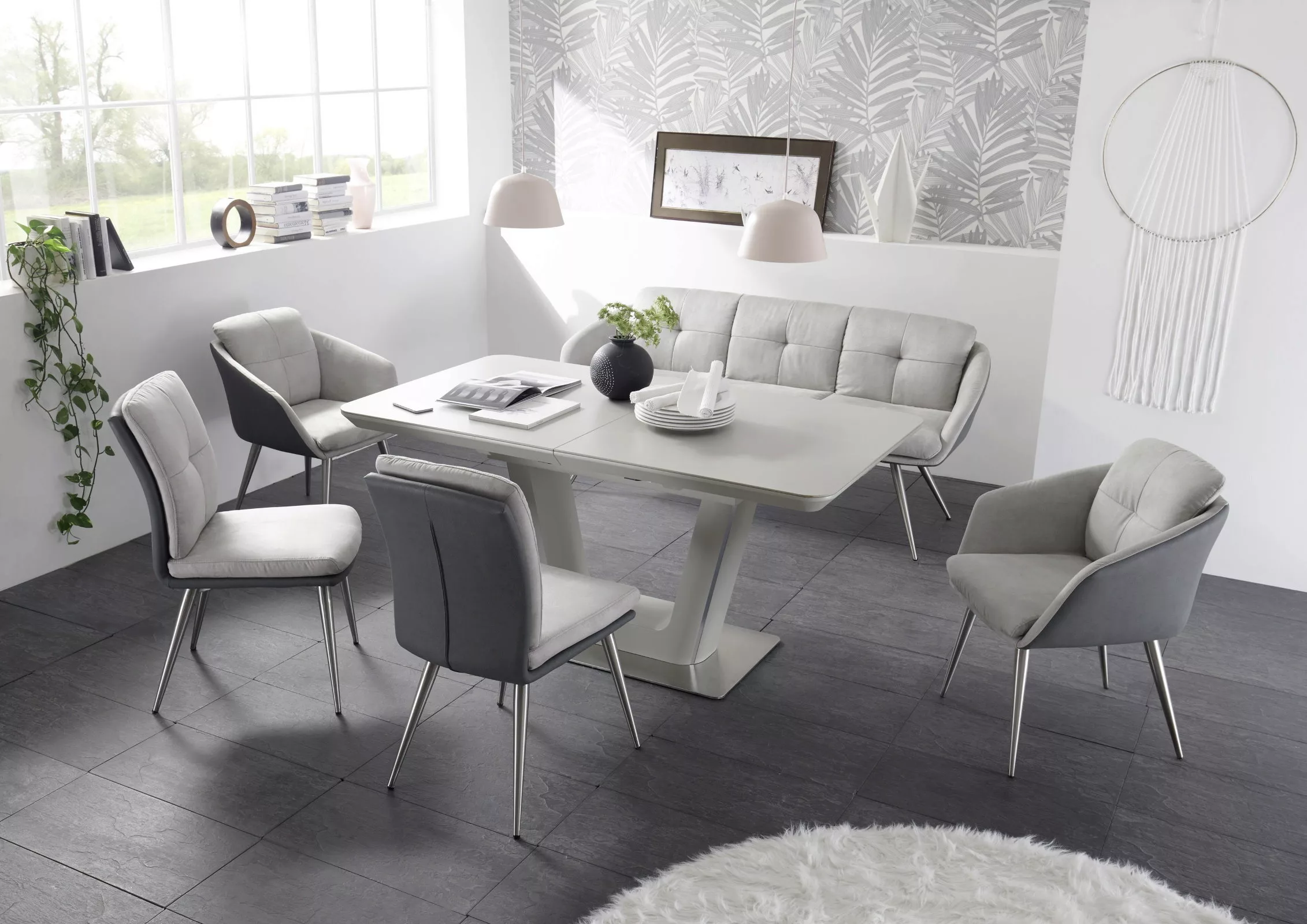Essgruppe Keramik 6-teilig Tisch Sitzbank Stühle grau Scala günstig online kaufen