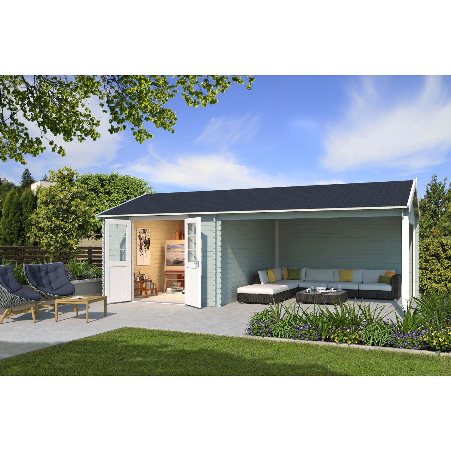 Lasita Holz-Gartenhaus El Paso Gletschergrün 700 cm x 417,2 cm mit Anbaudac günstig online kaufen