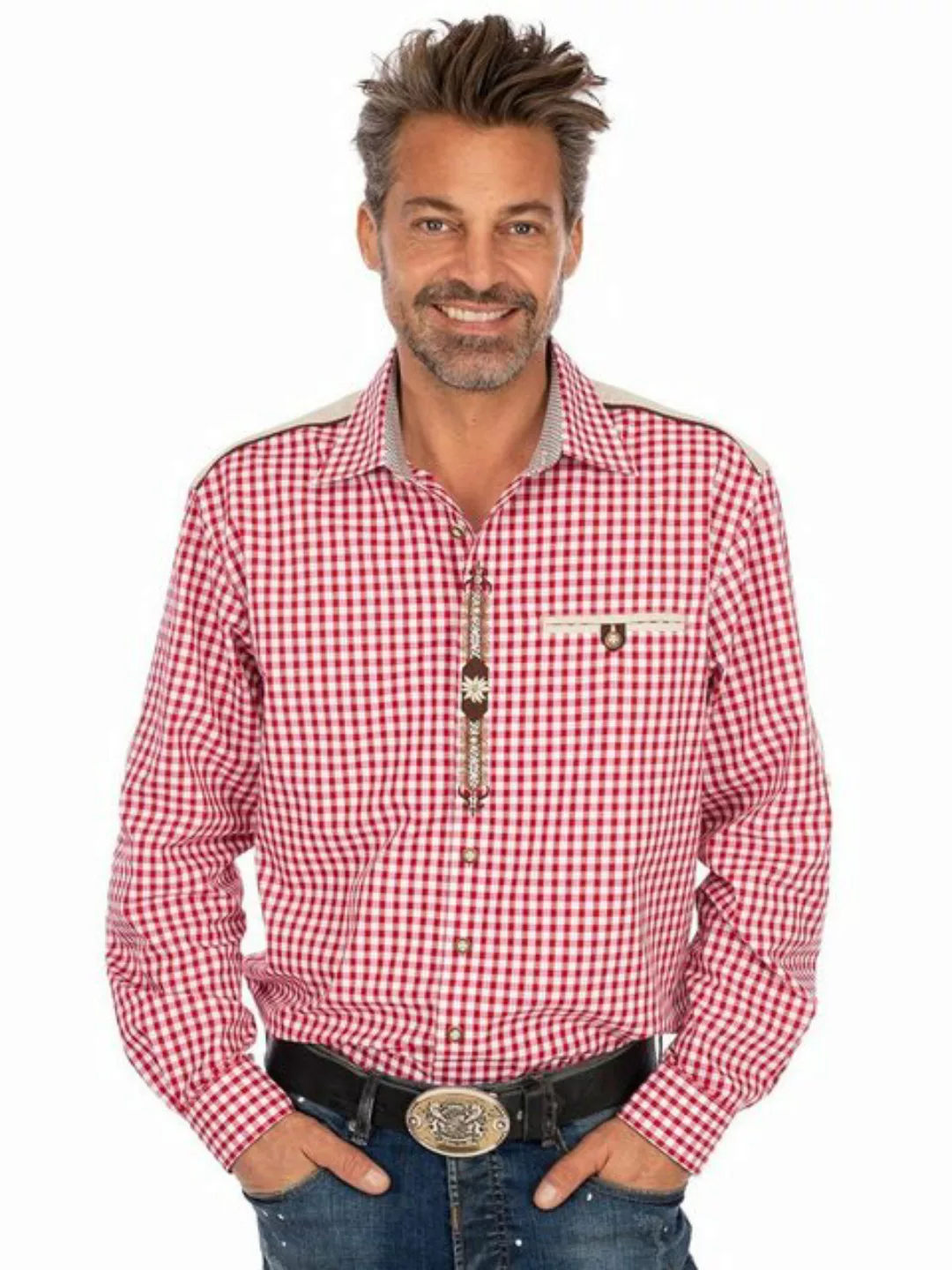 OS-Trachten Karohemd Karo Langarmhemd BAVARIA rot (Regular Fit) günstig online kaufen