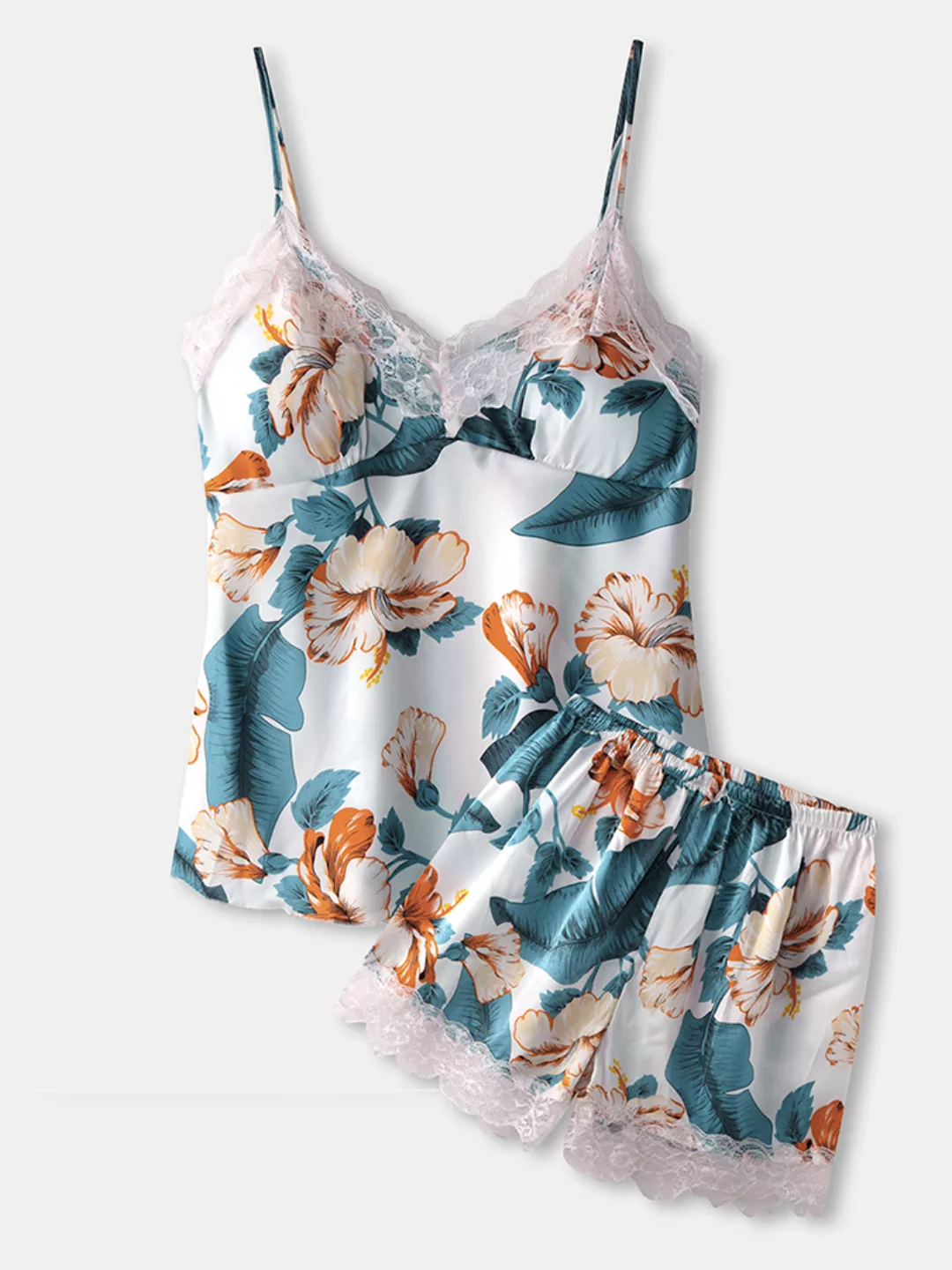 Damen Ice Silk Pyjamas Kurzes Set Tropical Print Lace Trim V-Ausschnitt Ärm günstig online kaufen