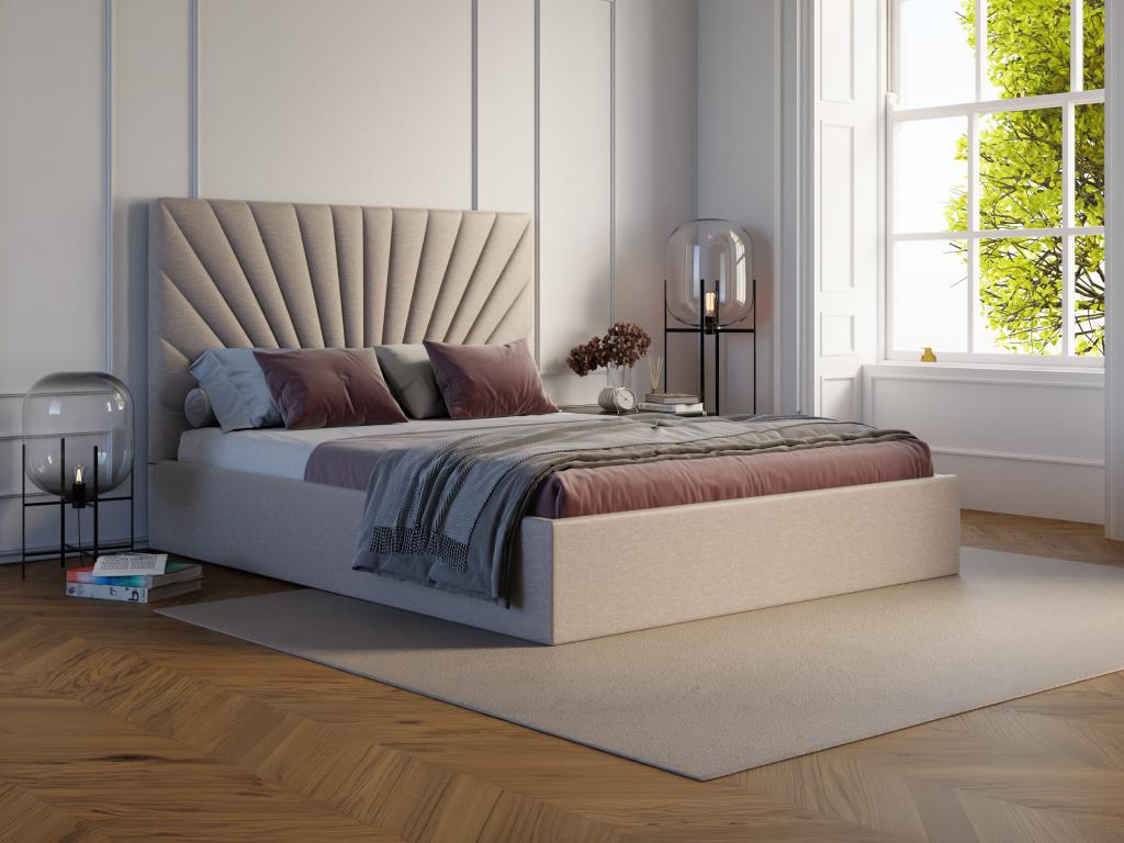 Polsterbett mit Bettkasten - 180 x 200 cm - Stoff - Beige + Matratze - RILI günstig online kaufen