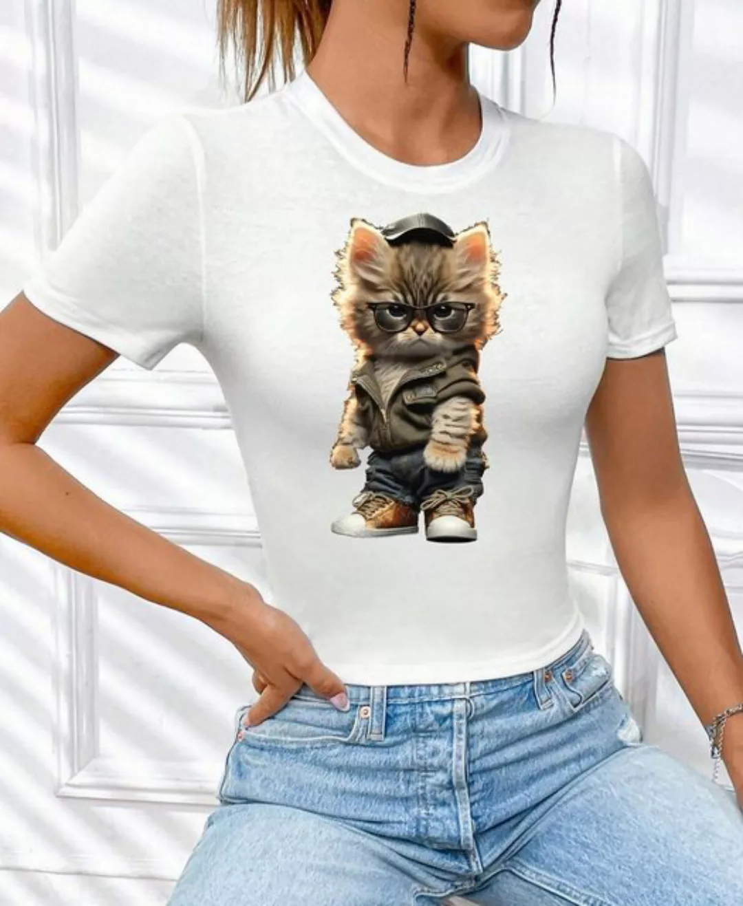 RMK Print-Shirt Damen Shirt kurzarm Rundhalsshirt coolen "Lederjacke Teddy günstig online kaufen