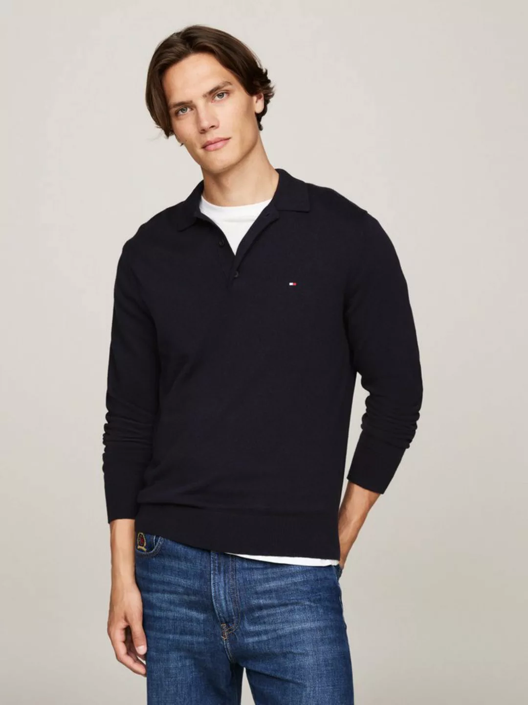 Tommy Hilfiger Polokragenpullover PIMA ORG CTN CASHMERE LS POLO Flag-Sticke günstig online kaufen