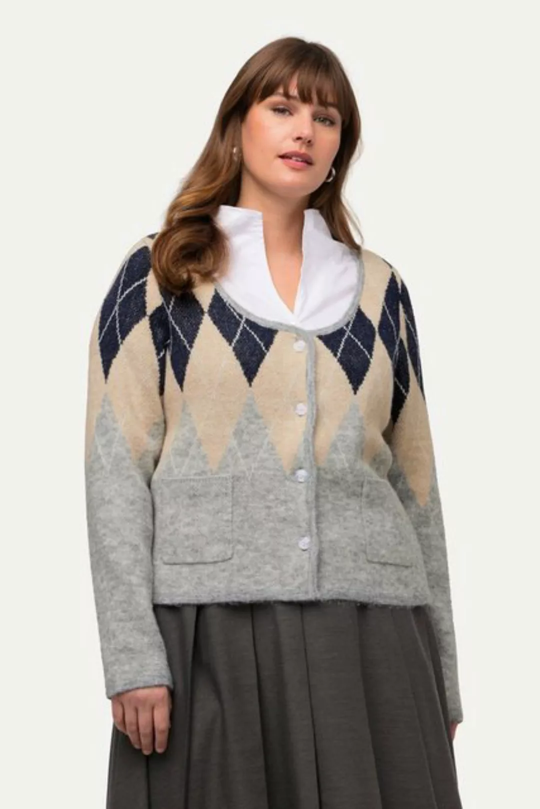 Ulla Popken Strickjacke Strickjacke kurz Argyle-Muster Rundhals Taschen günstig online kaufen