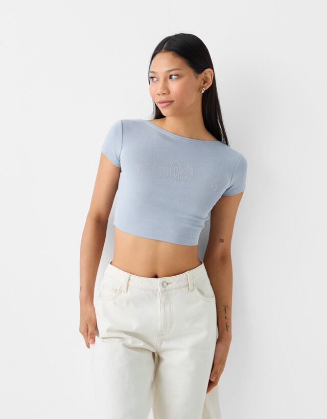 Bershka Rückenfreies Cropped-T-Shirt Mit Strass Damen Xs Hellblau günstig online kaufen