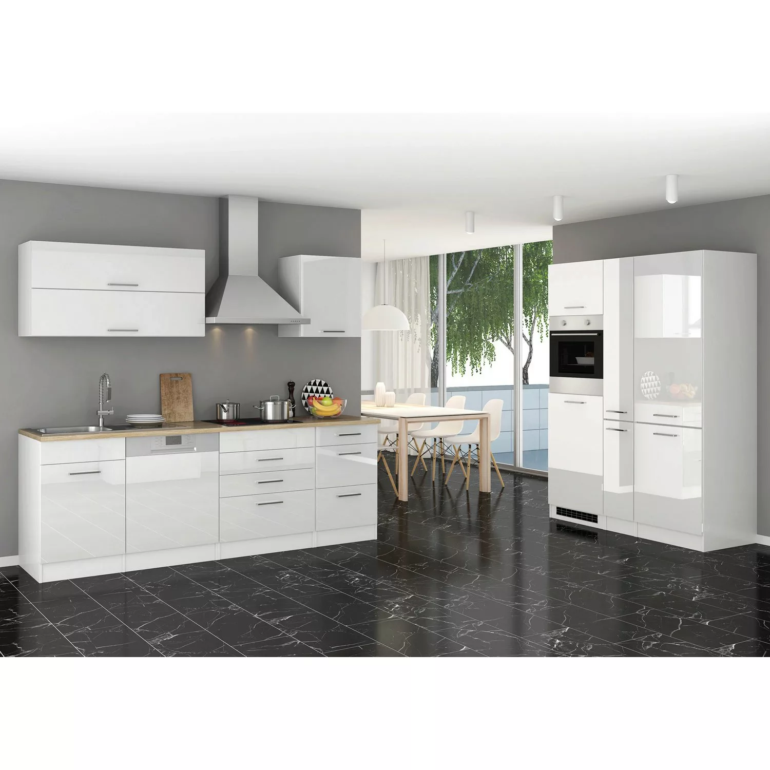 Held Möbel Küchenzeile Mailand 390 cm Grau Hochglanz-Grau Matt ohne E-Gerät günstig online kaufen