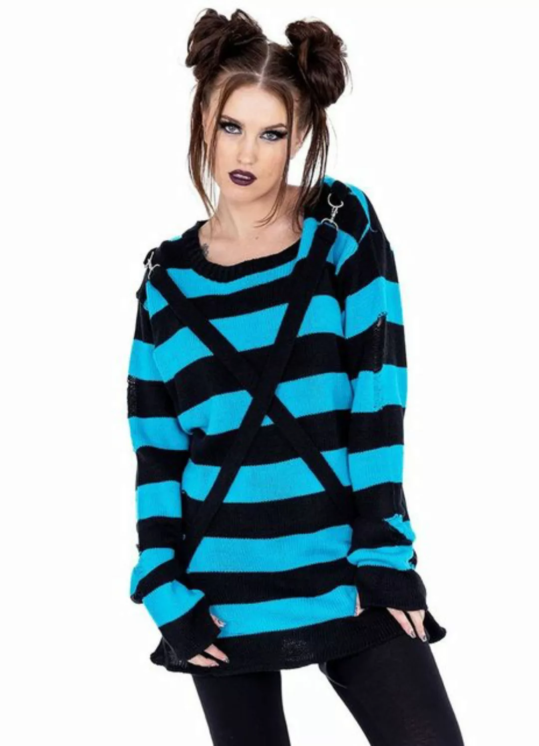 Heartless Strickpullover Oriana Strickpulli Blau Goth Punk Gestreift Grunge günstig online kaufen