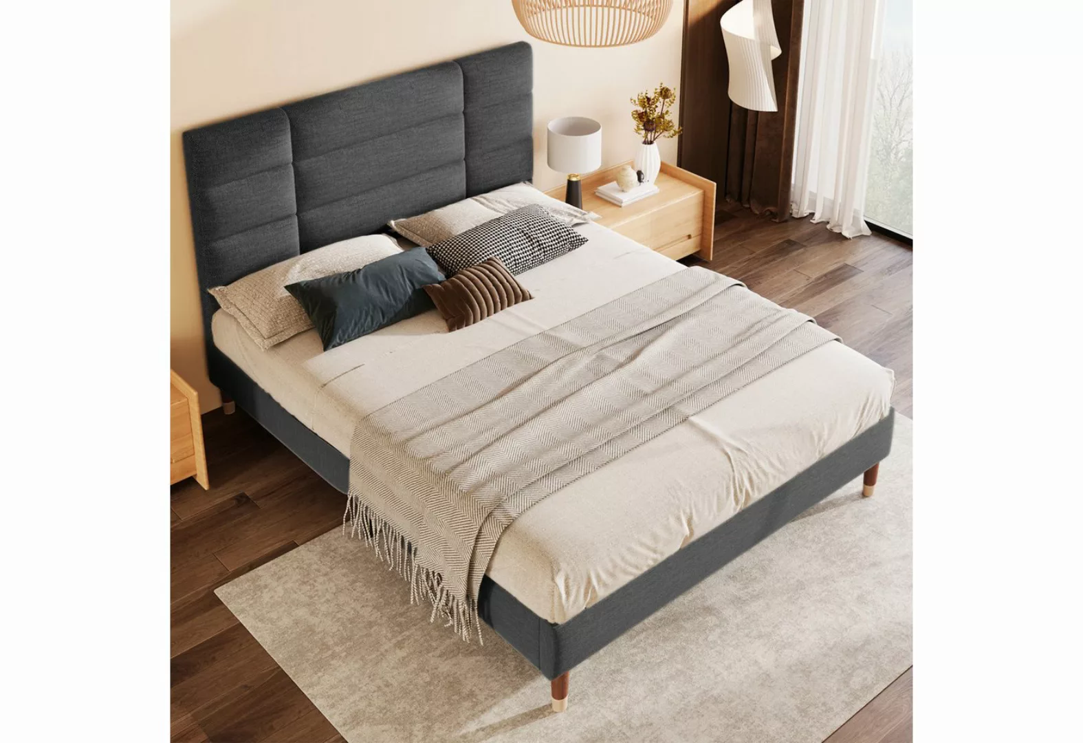 Ulife Polsterbett Dunkelgraues Doppelbett mit Lattenrost & Kopfteil 140 x 2 günstig online kaufen