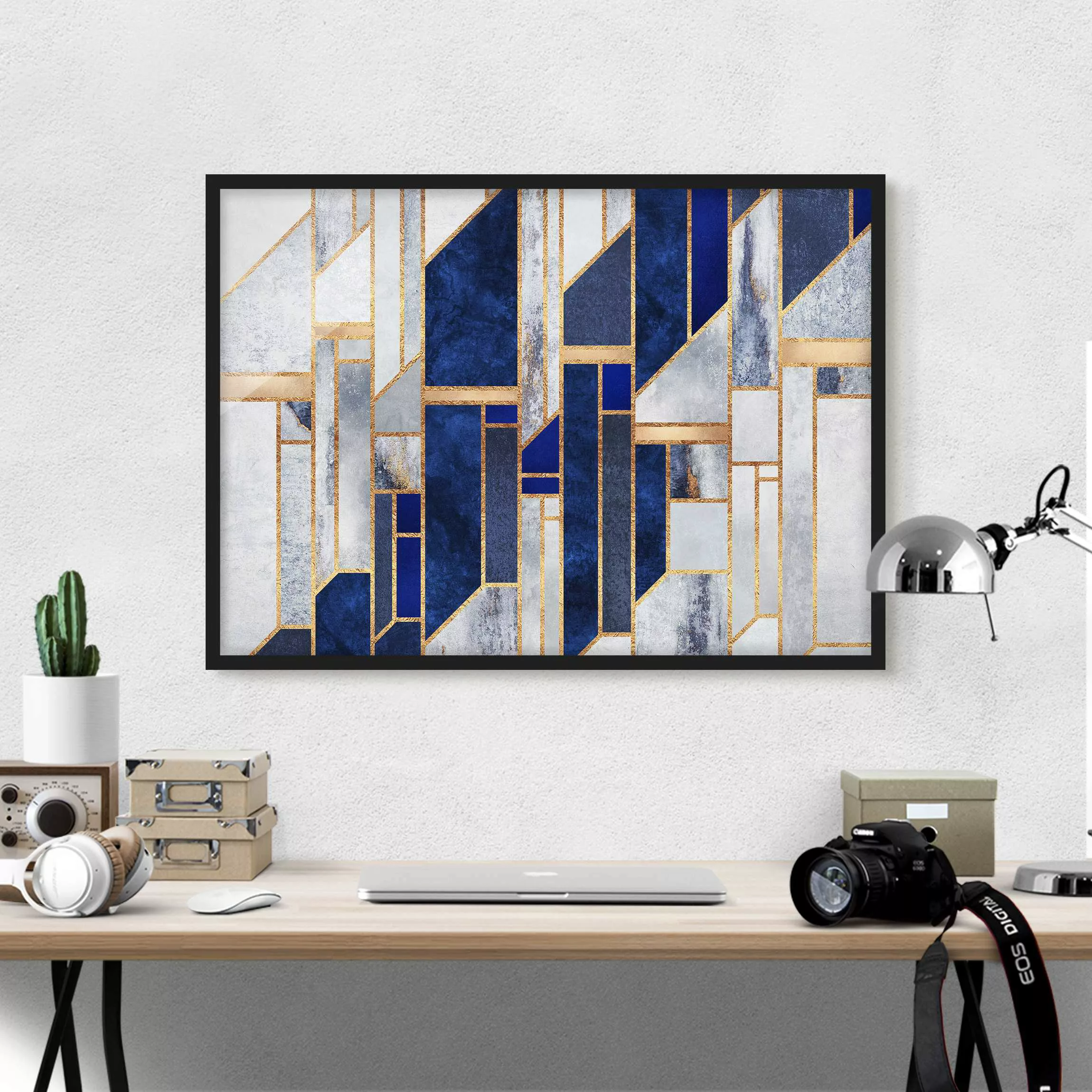 Bild mit Rahmen Abstrakt - Querformat Geometrische Formen mit Gold günstig online kaufen