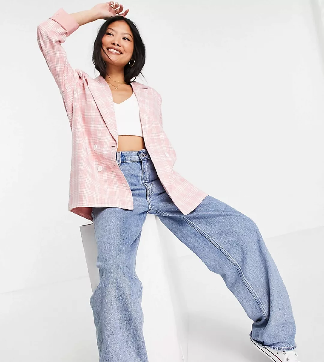 Urban Threads Petite – Rosa karierter, zweireihiger Oversize-Blazer günstig online kaufen