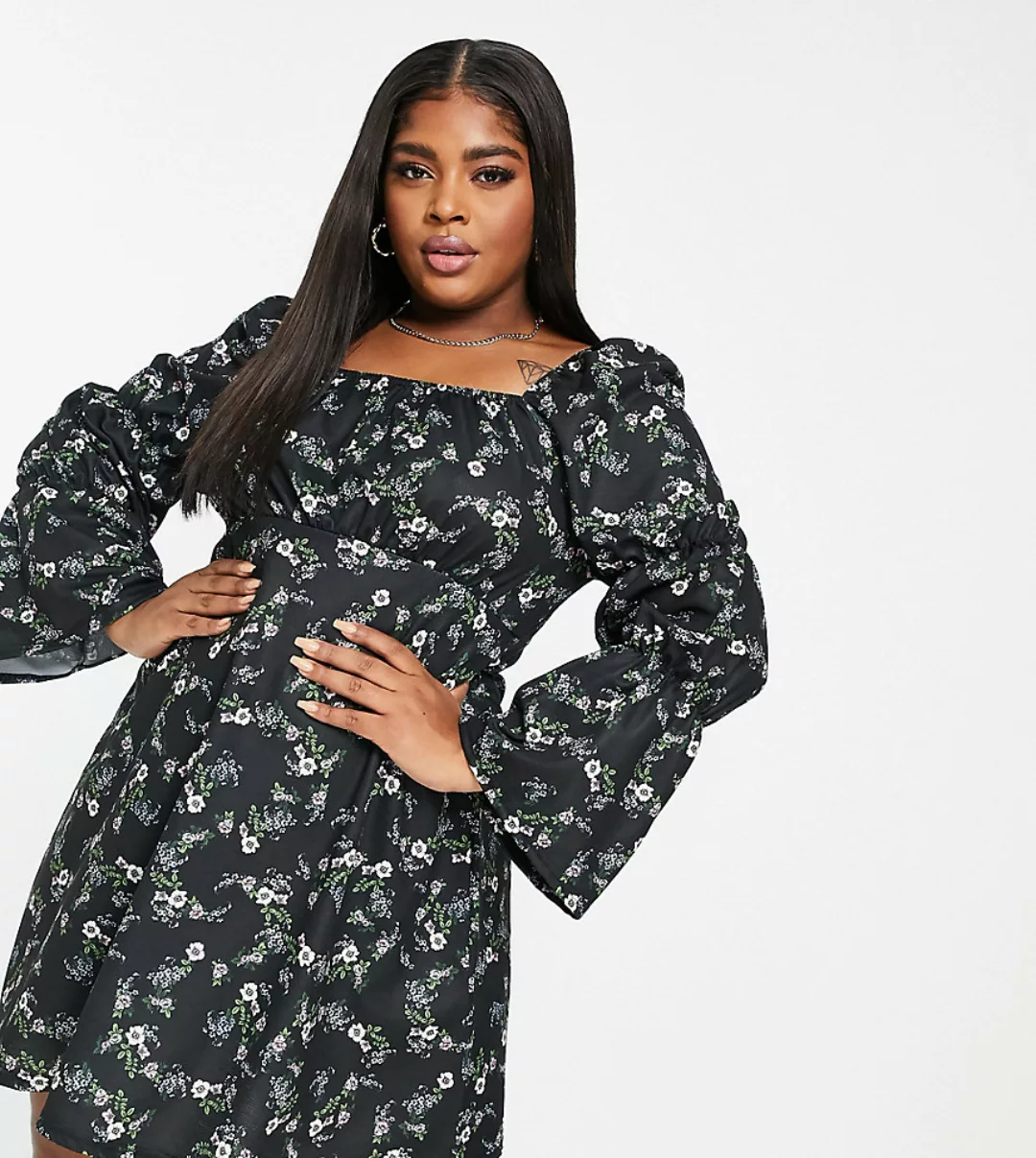 ASOS DESIGN Curve – Mini-Freizeitkleid mit gerüschten Ballonärmeln und Blum günstig online kaufen