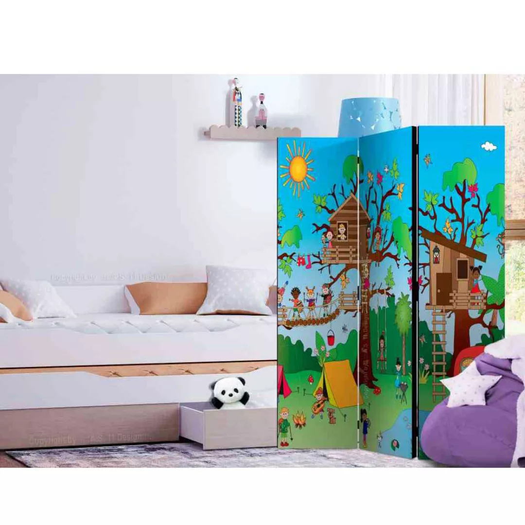 Kinderzimmer Raumteiler mit buntem Baumhaus Motiv drei Elementen günstig online kaufen