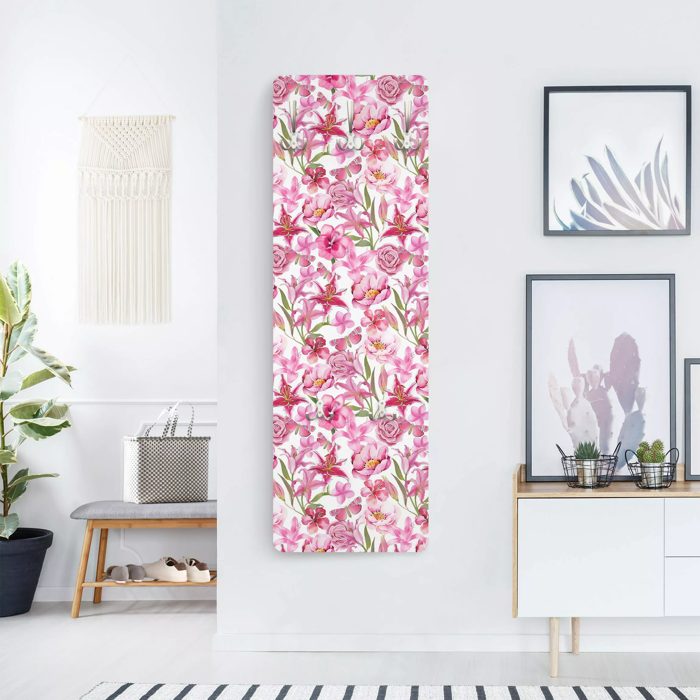 Wandgarderobe Holzpaneel Pinke Blumen mit Schmetterlingen günstig online kaufen