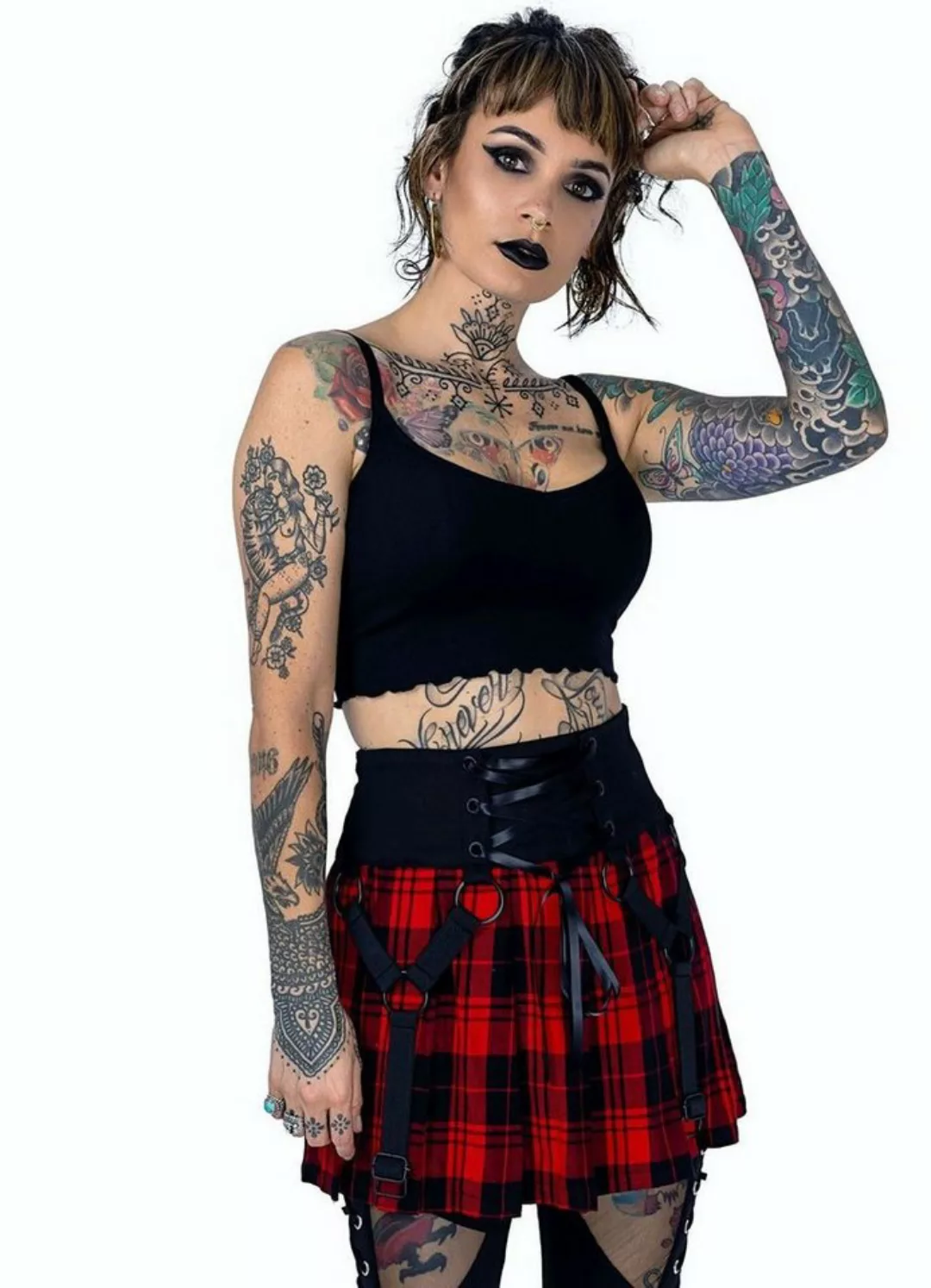 Heartless Plisseerock Hesper Rot Tartan Punk Kariert Schnürung Karo Strapse günstig online kaufen