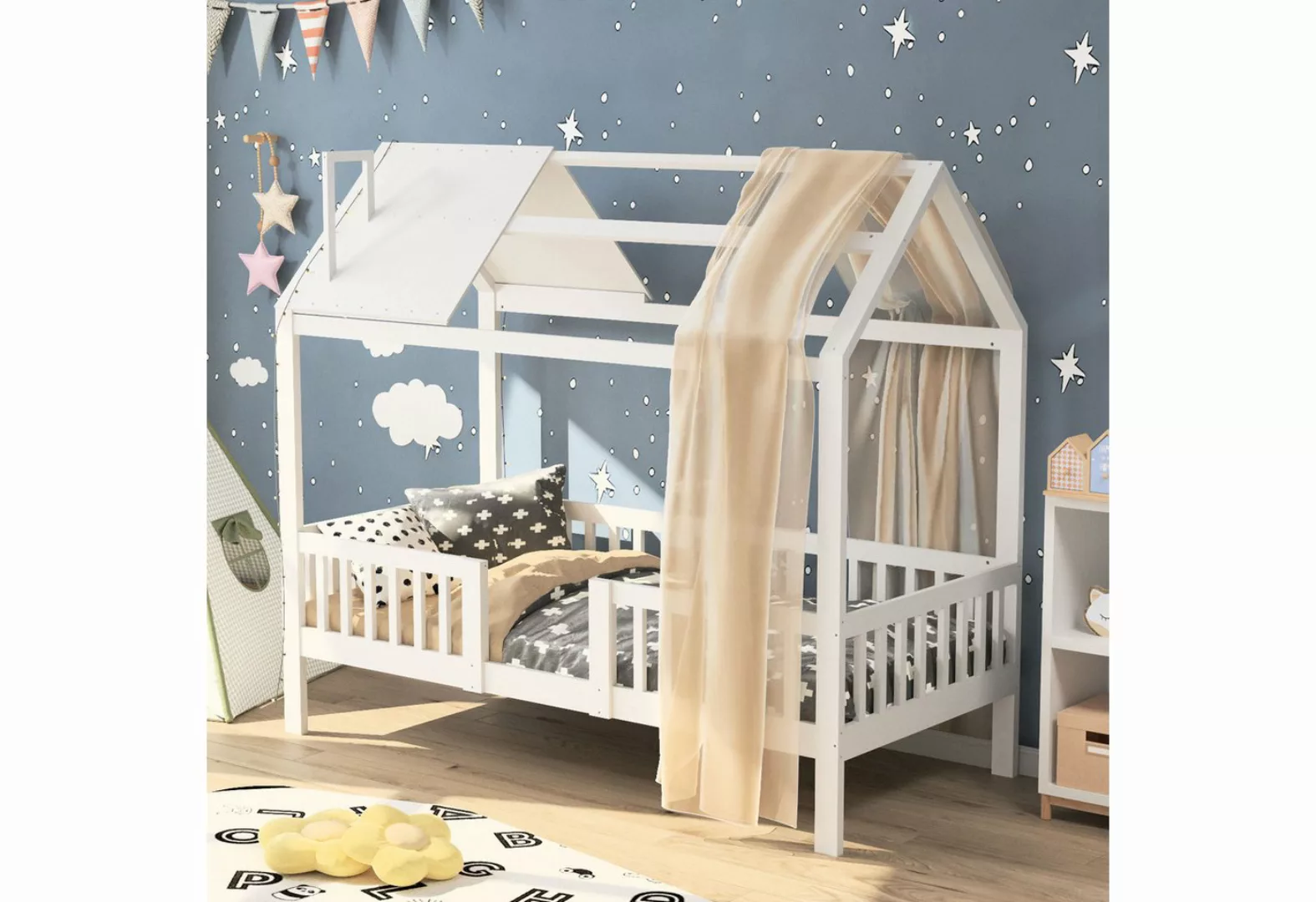 FUROKOY Hausbett Hausbett mit Rausfallschutz,Holzbett Kinderbett 90x200cm ( günstig online kaufen