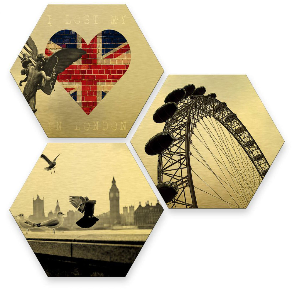 Wall-Art Mehrteilige Bilder "Goldeffekt London Collage", (Set, 3 St.), Meta günstig online kaufen