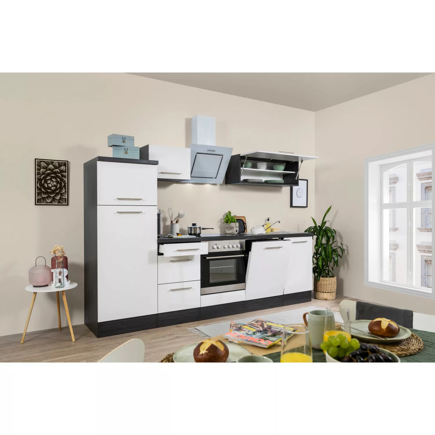 Respekta Premium Küchenzeile 280 cm Schwarz Hochglanz-Eiche Grau günstig online kaufen
