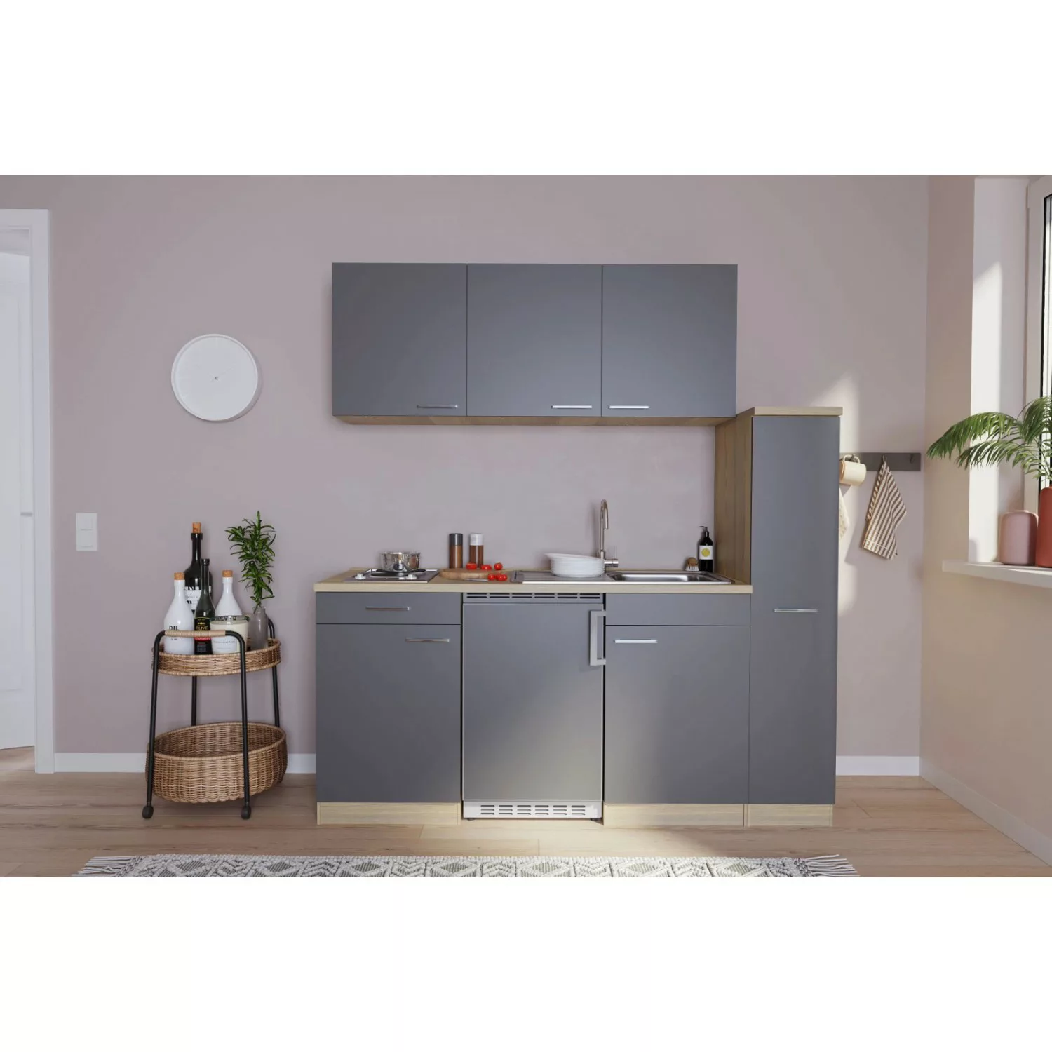 Respekta Küchenzeile KB180ESG 180 cm Grau-Eiche Sonoma Sägerau Nachbildung günstig online kaufen