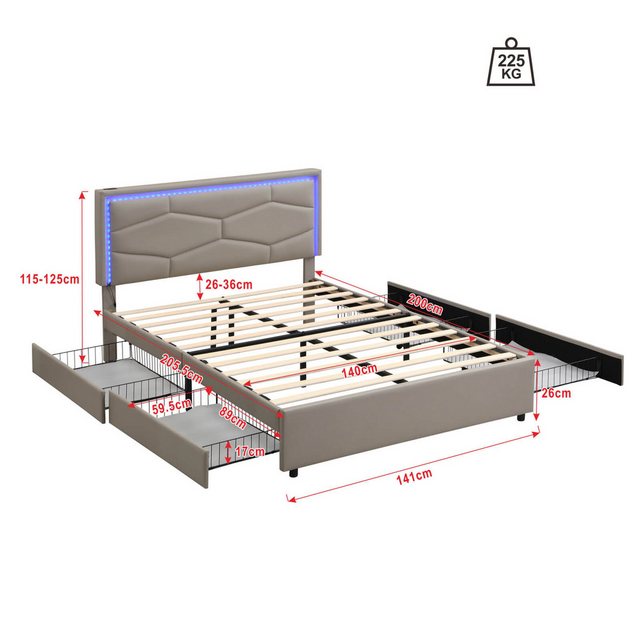 Furnishings Home Polsterbett 140cm Doppelbett + 4 Schubladen + LED + USB (S günstig online kaufen