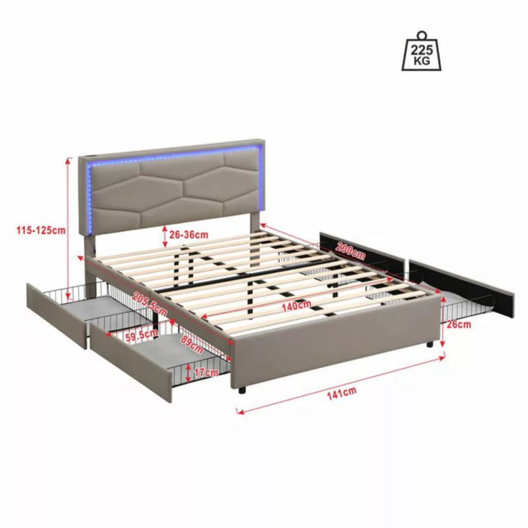 Furnishings Home Polsterbett 140cm Doppelbett + 4 Schubladen + LED + USB (S günstig online kaufen