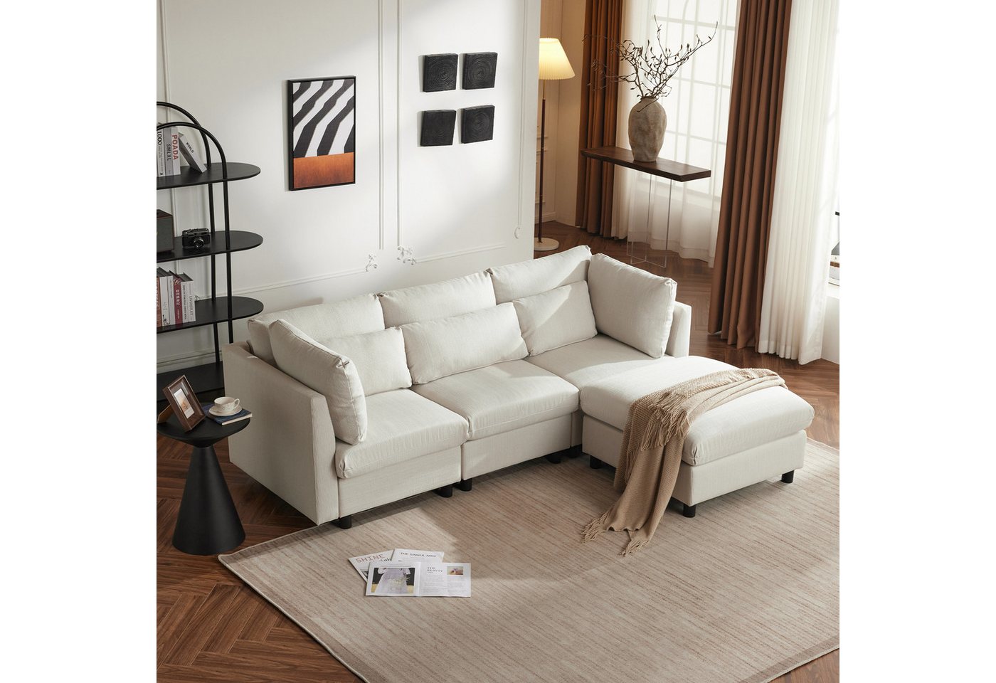 Merax 3-Sitzer mit Hocker, XXL Sofa, aus Leinen mit 2 Kissen, Sofagarnitur, günstig online kaufen