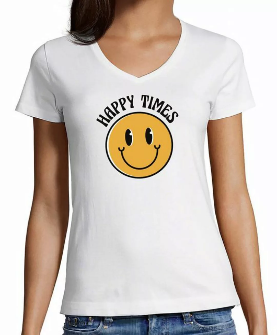 MyDesign24 T-Shirt Damen Smiley Print Shirt - Lächelnder Smiley Happy Times günstig online kaufen