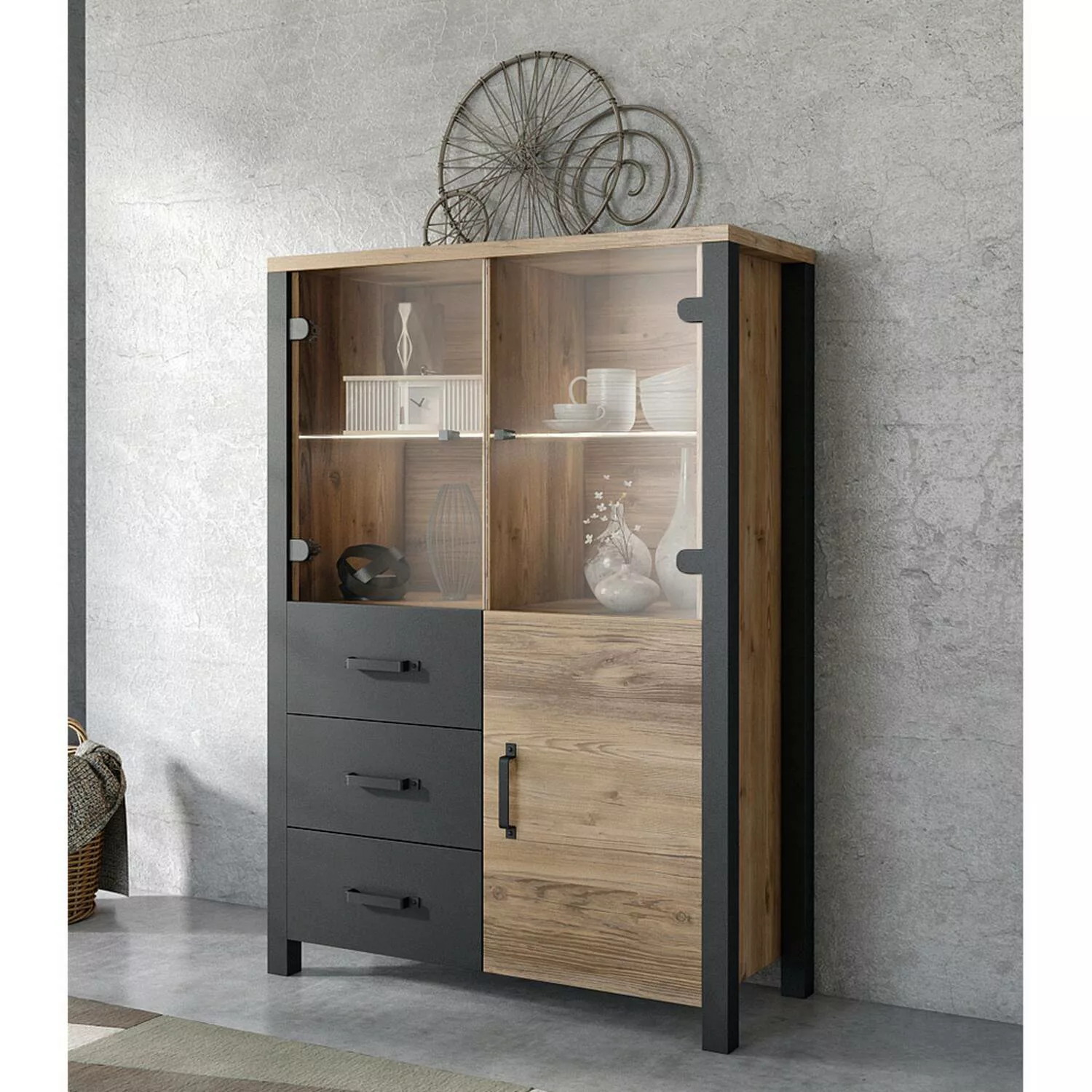 Wohnzimmer Highboard in Appenzeller Fichte Nb. mit schwarz super matt ORADE günstig online kaufen