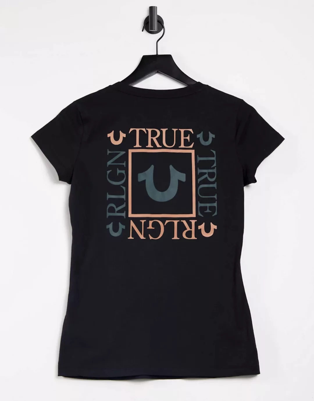True Religion – Schwarzes T-Shirt mit V-Ausschnitt und Kastenprint hinten günstig online kaufen