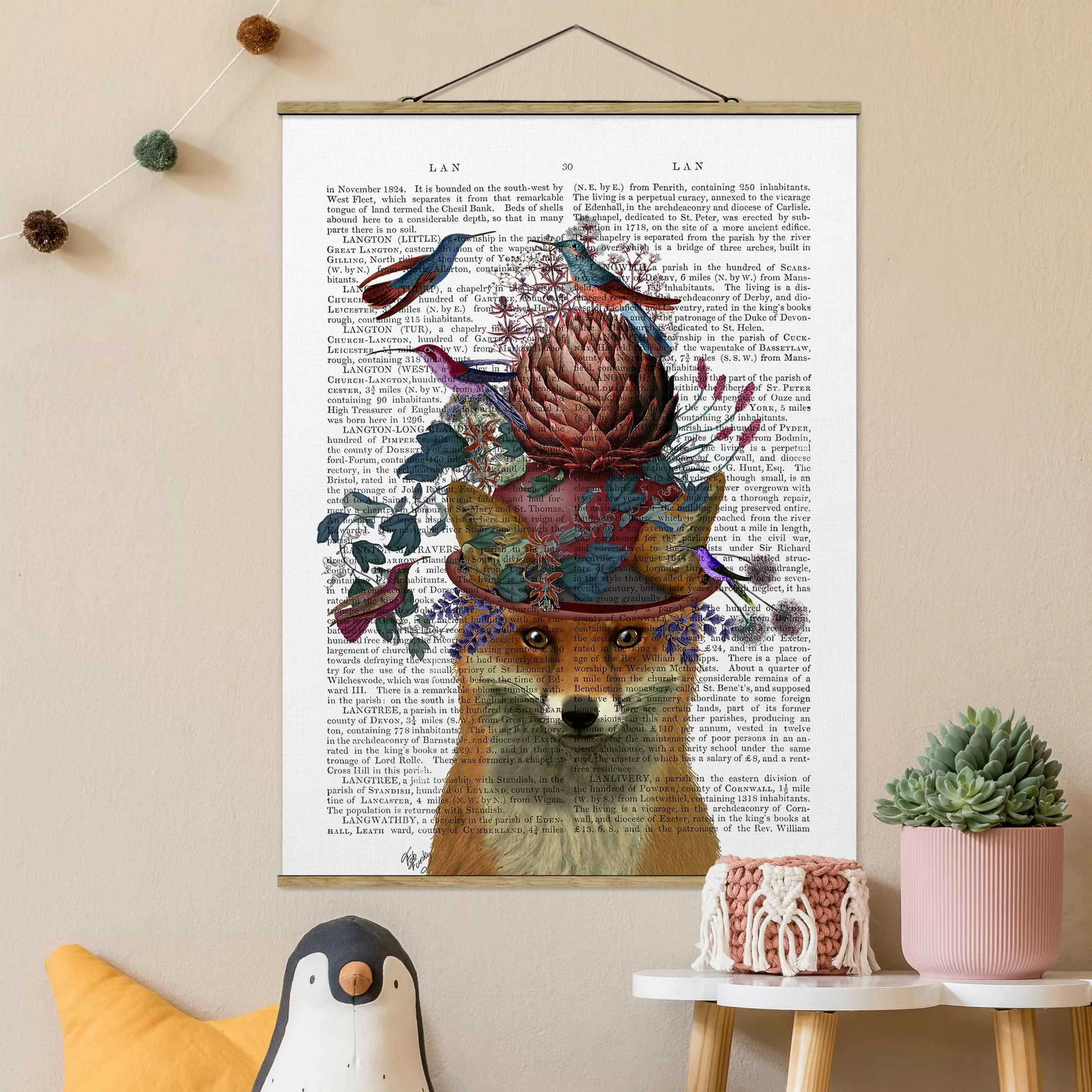 Stoffbild Tiere mit Posterleisten - Hochformat Vogelfänger - Fuchs mit Arti günstig online kaufen