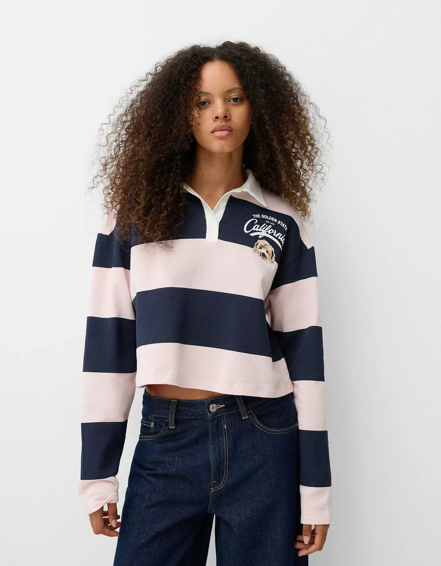 Bershka Langarmshirt Mit Polokragen Und Print Damen L Rosa günstig online kaufen