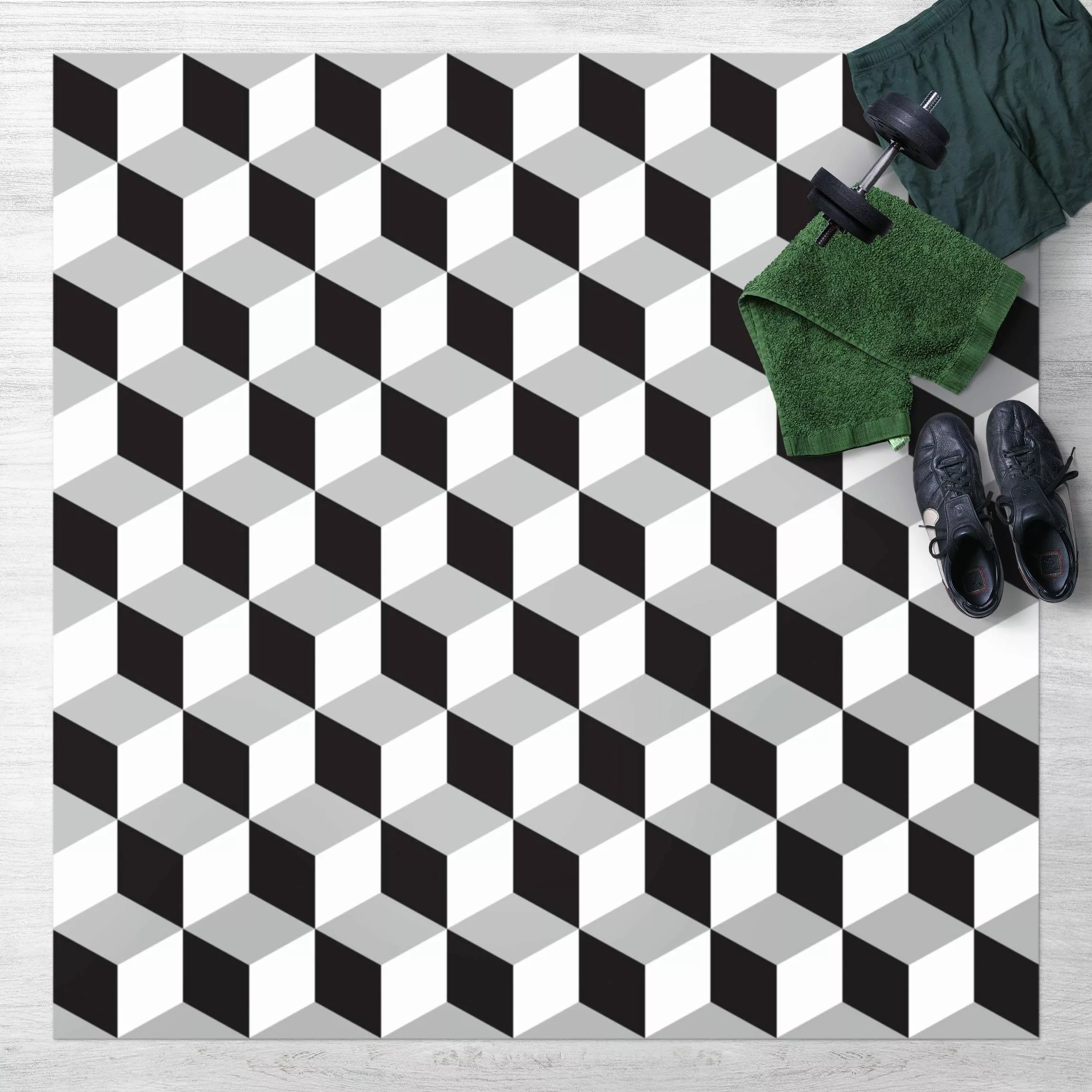 Vinyl-Teppich Geometrischer Fliesenmix Würfel Schwarz günstig online kaufen