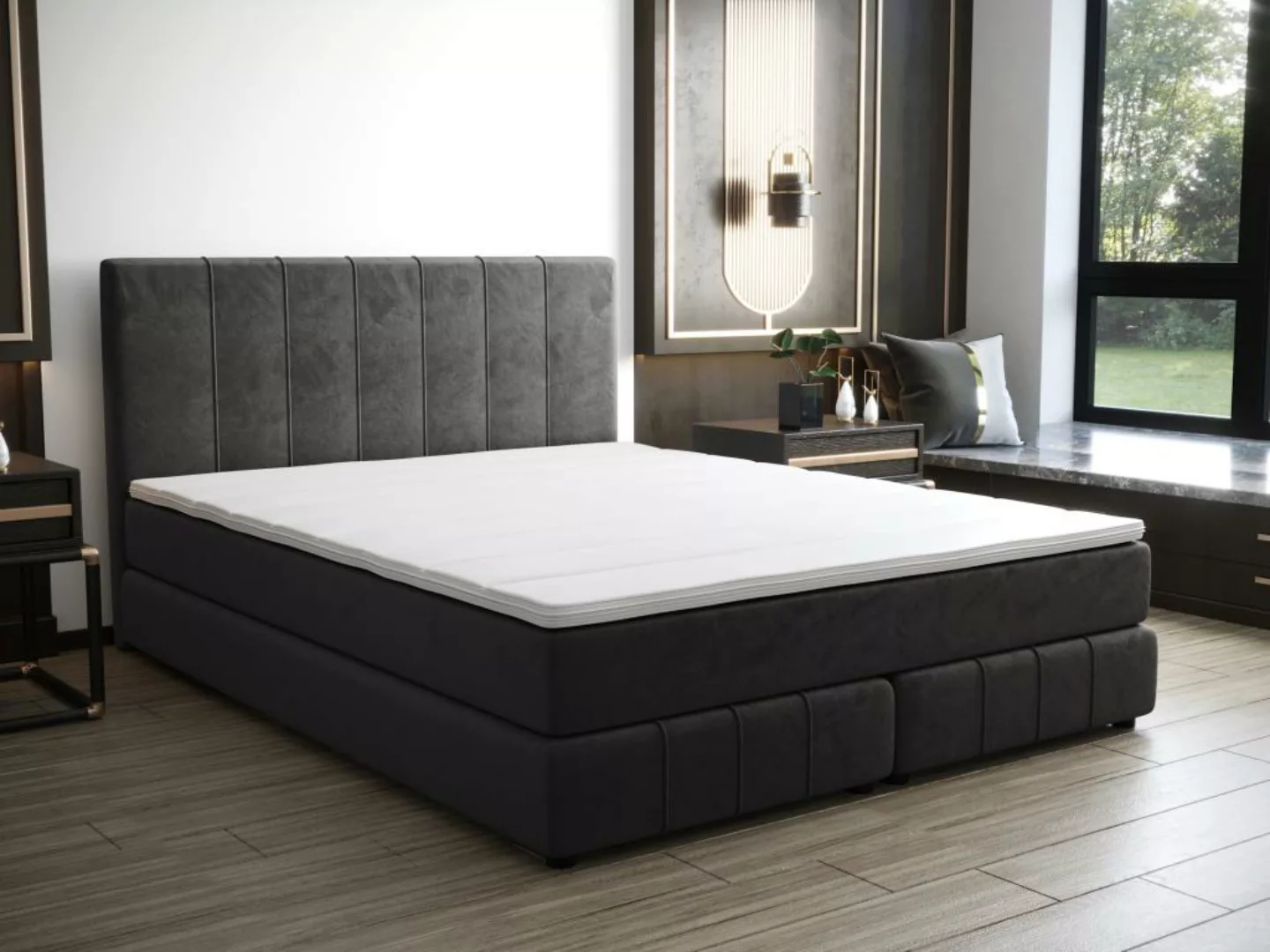 Boxspringbett mit Kopfteil + Lattenrost + Matratze + Topper - 180 x 200 cm günstig online kaufen