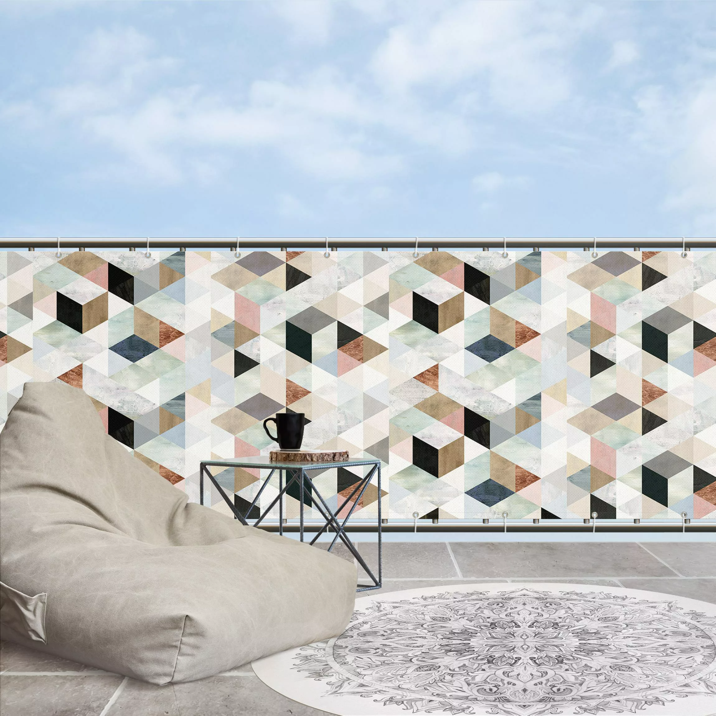 Balkon Sichtschutz Aquarell-Mosaik mit Dreiecken I günstig online kaufen