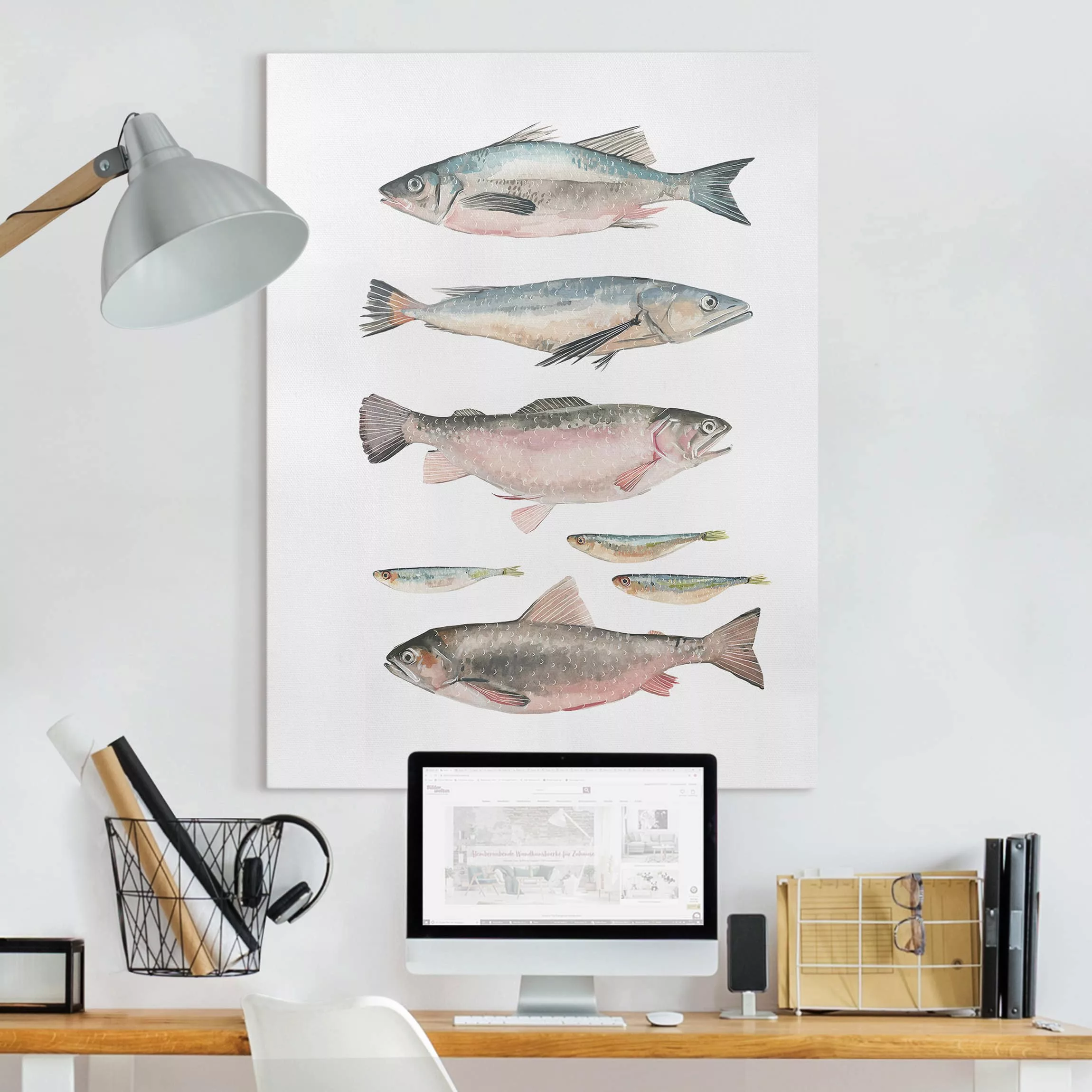 Leinwandbild Tiere - Hochformat Sieben Fische in Aquarell I günstig online kaufen