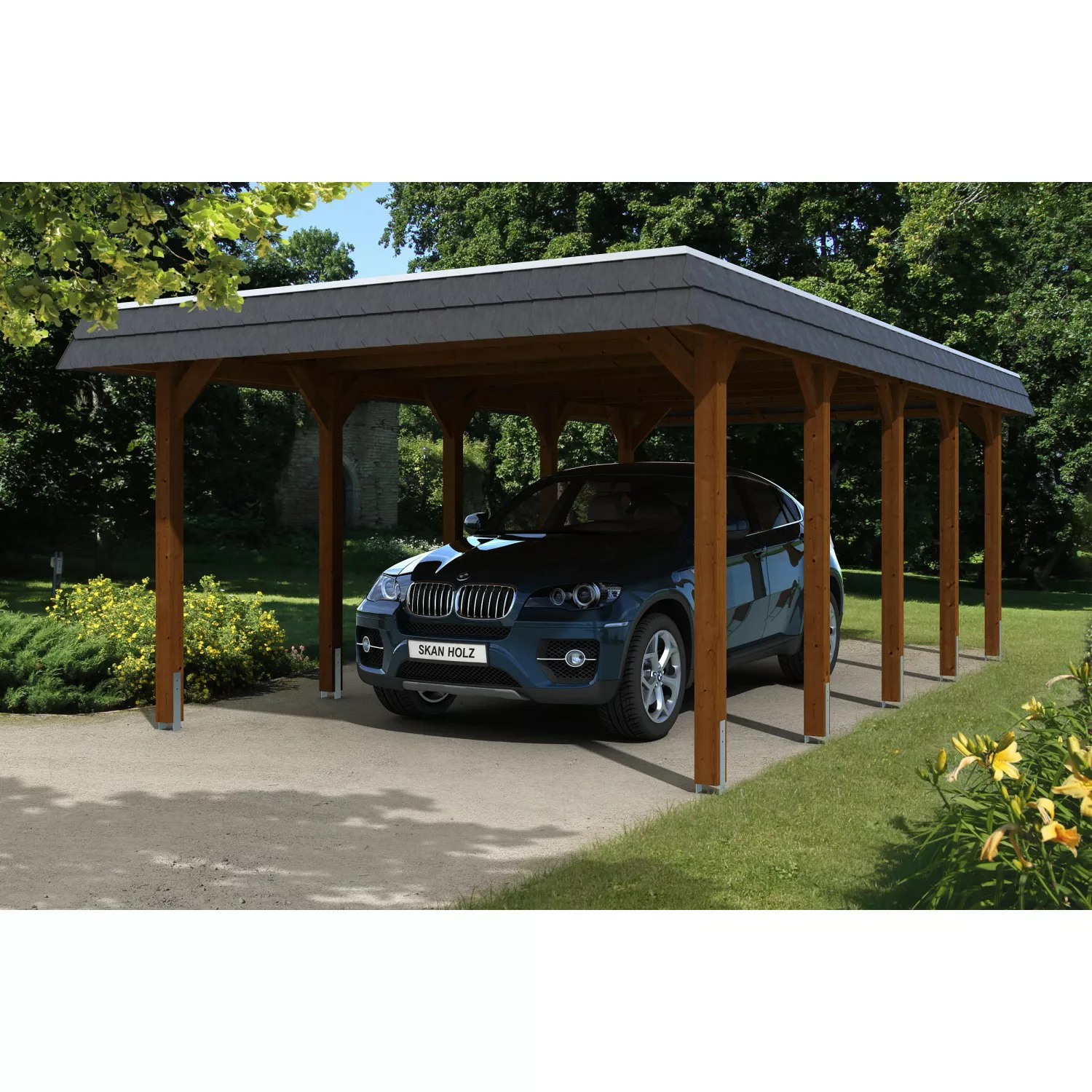 Skan Holz Carport Spreewald 396 cm x 741 cm Alu-Dach schwarze Blende Nussba günstig online kaufen