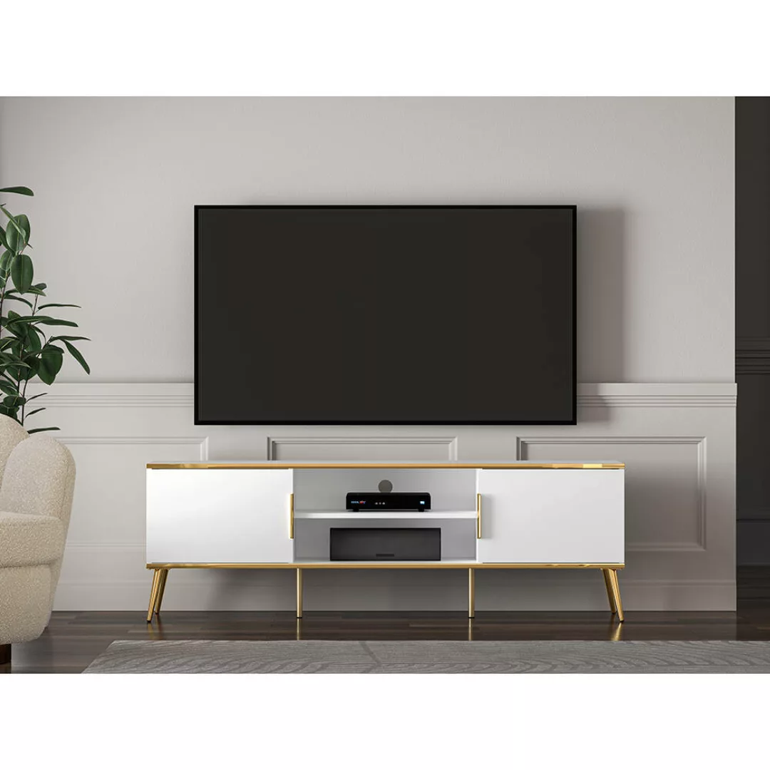 TV-Lowboard 2-türig in weiß mit goldfarbenen Details, VLORA-131 günstig online kaufen