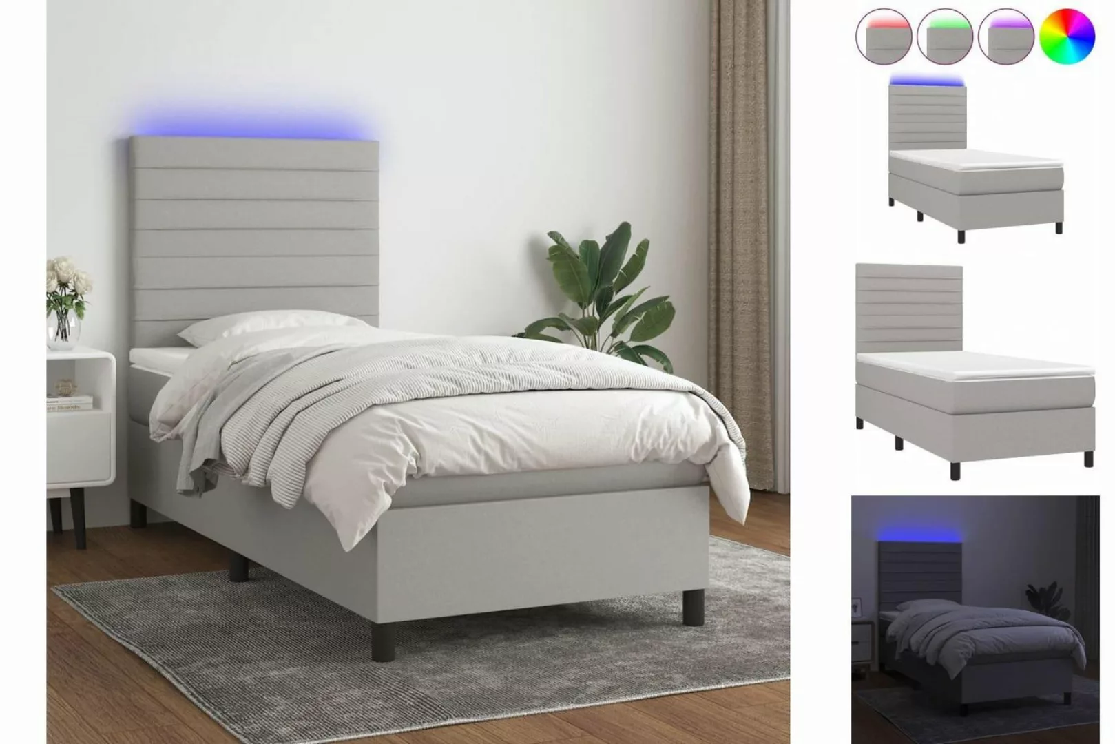 vidaXL Bettgestell Boxspringbett mit Matratze LED Hellgrau 100x200 cm Stoff günstig online kaufen