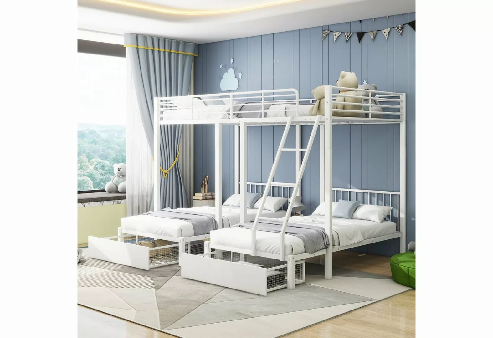 Odikalo Kinderbett 3-fach Etagenbett Schubladen umwandelbar Doppelbett + 2 günstig online kaufen