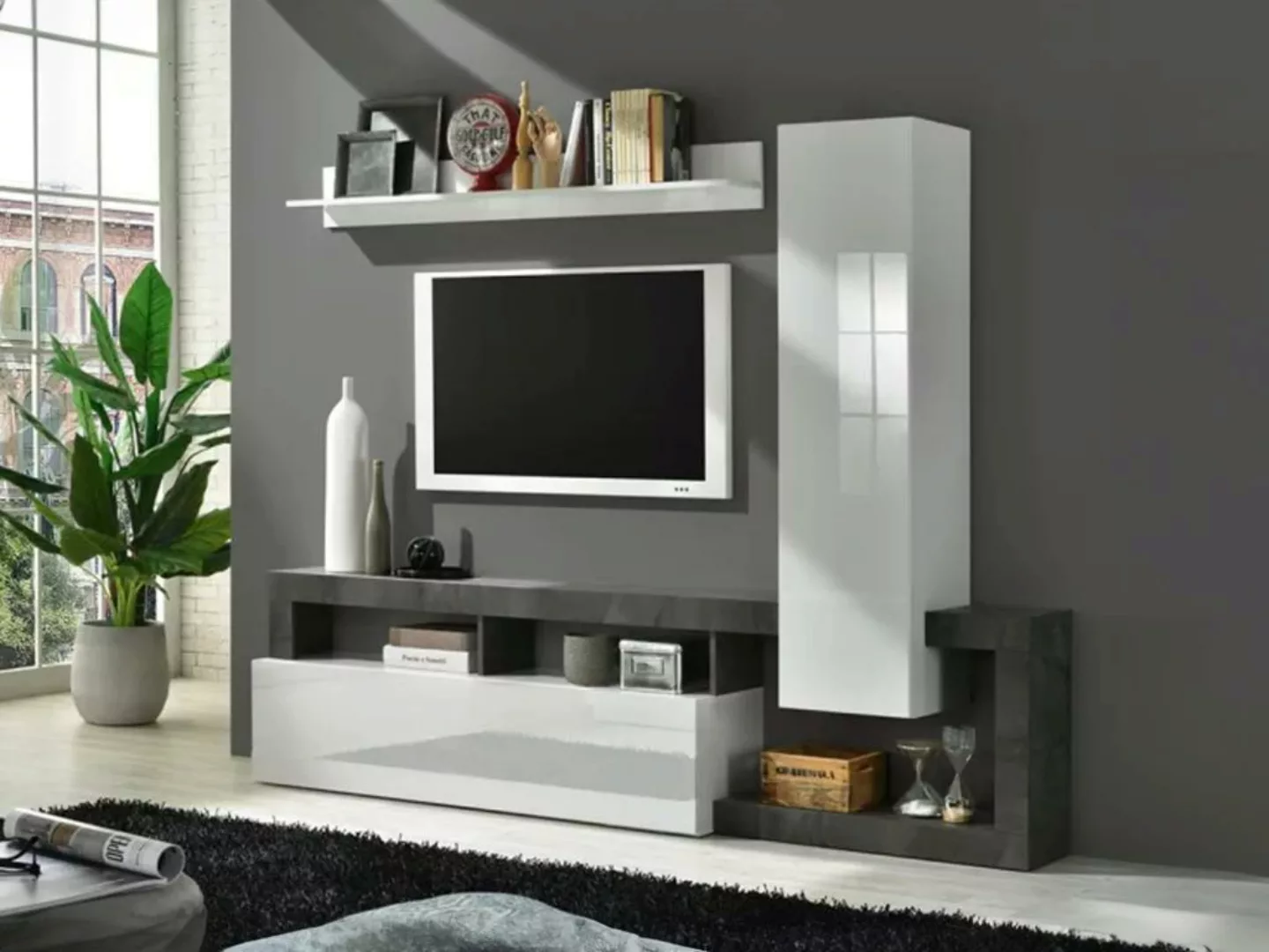 TV-Wand mit Stauraum - Weiß lackiert & Beton-Optik - SEFRO günstig online kaufen