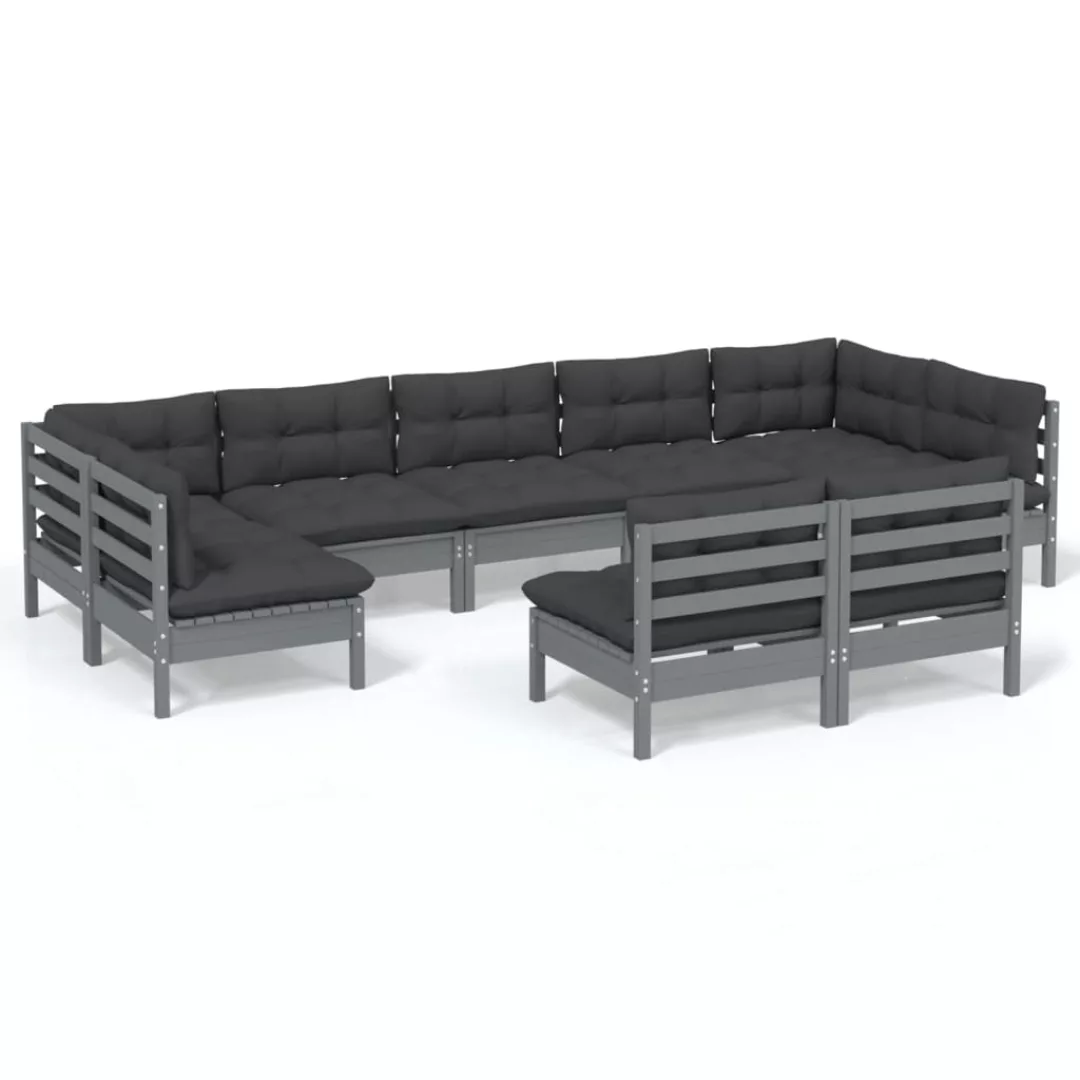 9-tlg. Garten-lounge-set Mit Kissen Grau Kiefer Massivholz günstig online kaufen