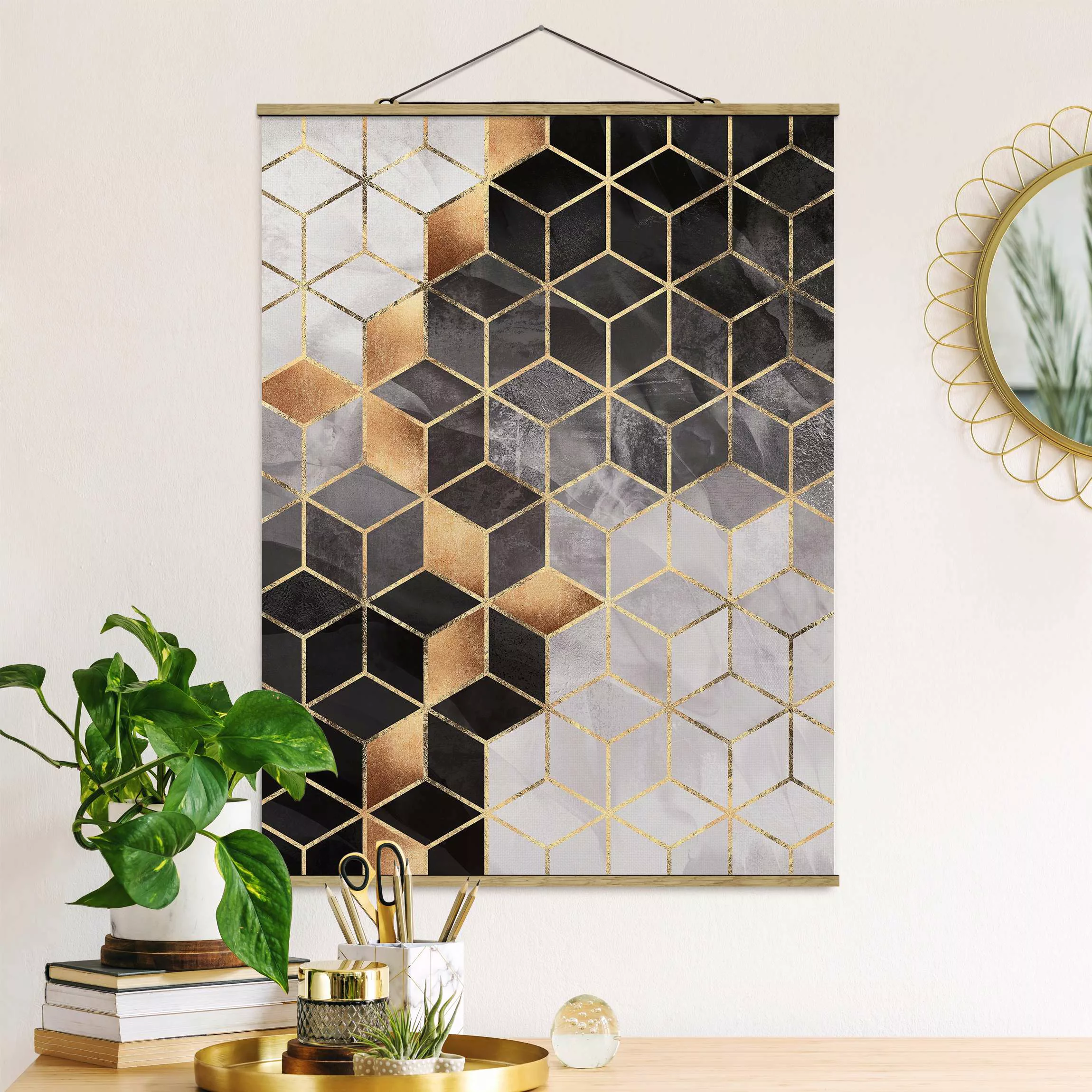 Stoffbild Abstrakt mit Posterleisten - Hochformat Schwarz Weiß goldene Geom günstig online kaufen