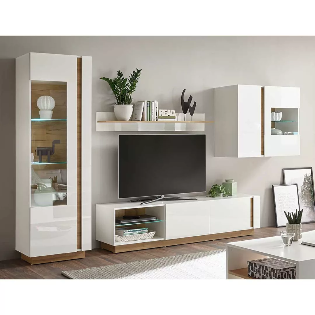 Wohnzimmer Anbauwand in Weiß und Wildeiche Optik 295 cm breit (vierteilig) günstig online kaufen