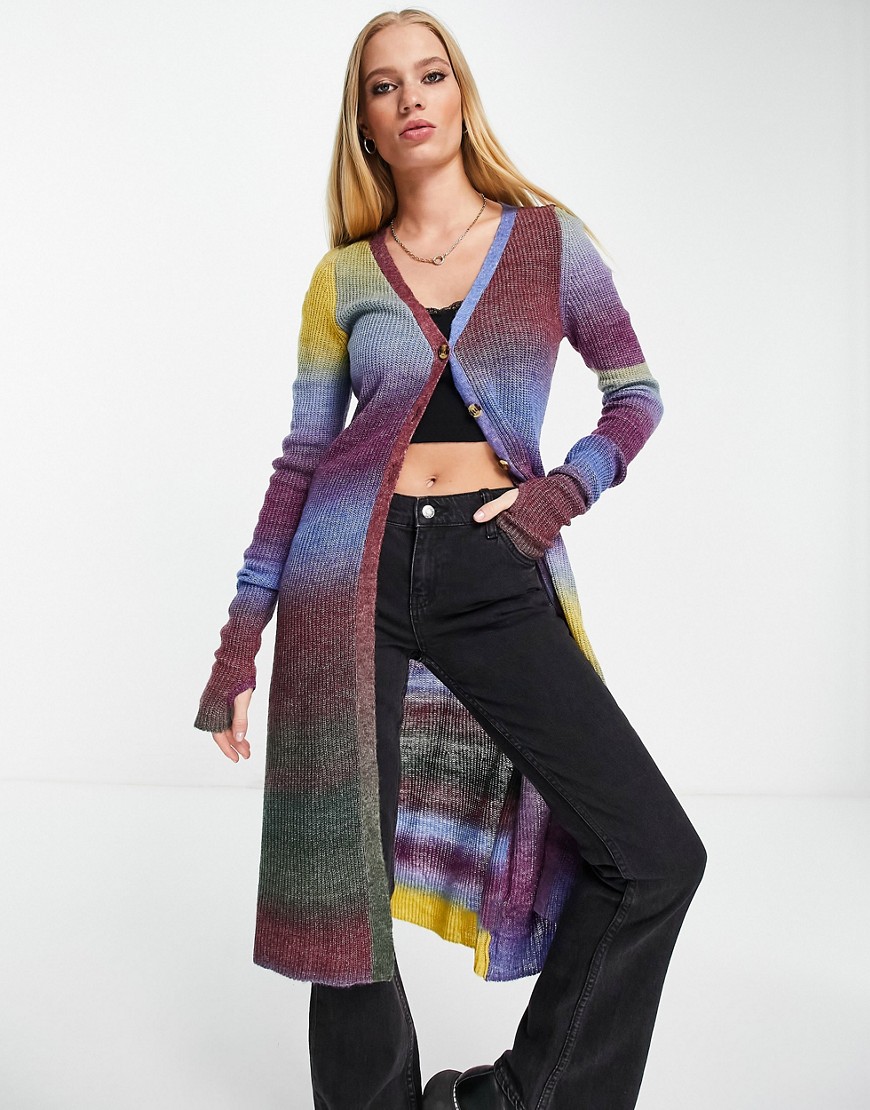 Emory Park – Midi-Strickjacke mit Grunge-Streifen in Regenbogenfarben-Lila günstig online kaufen