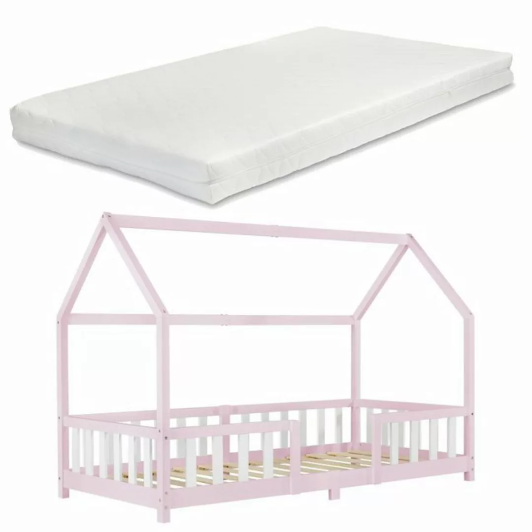 en.casa Kinderbett, »Sisimiut« Hausbett mit Matratze 90 x 200 cm Rosa / Wei günstig online kaufen