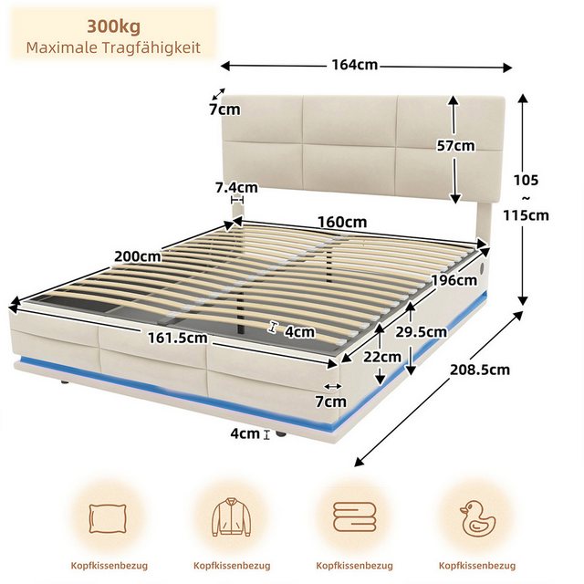 XDeer Polsterbett Polsterbett mit LED-Leuchten und USB-Ladegerät hydraulisc günstig online kaufen