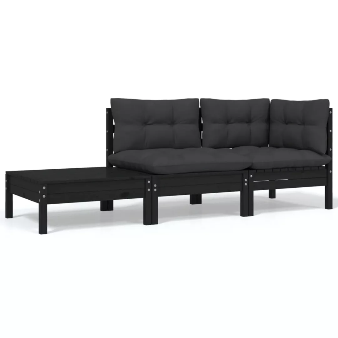 3-tlg. Garten-lounge-set Mit Kissen Schwarz Kiefer Massivholz günstig online kaufen